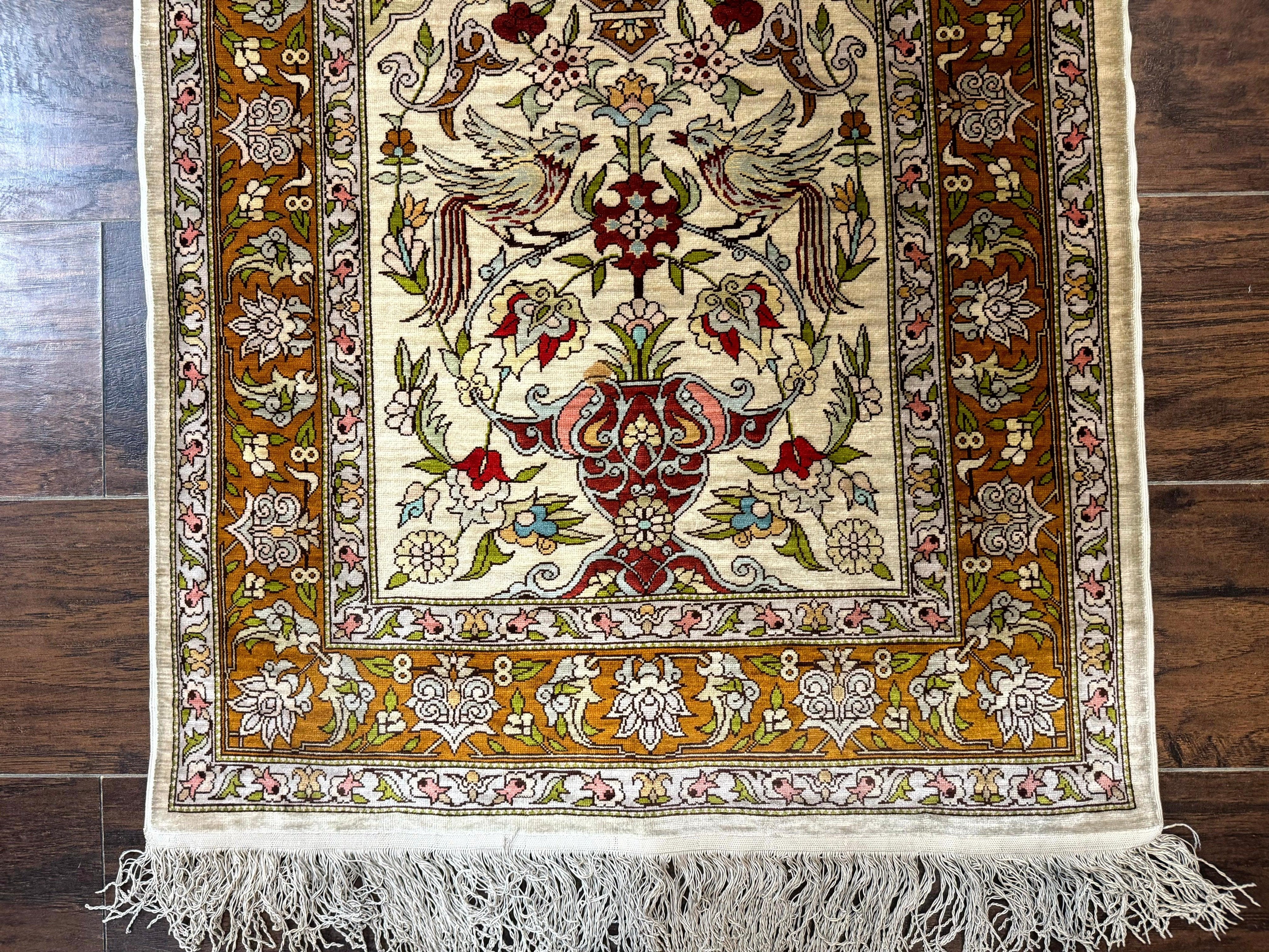 Silk Turkish Hereke Rug 2x3, Birds Lantern Very Fine 400 KPSI, Signed by Masterweaver, Wonderful, Rare, Small Hereke Rug