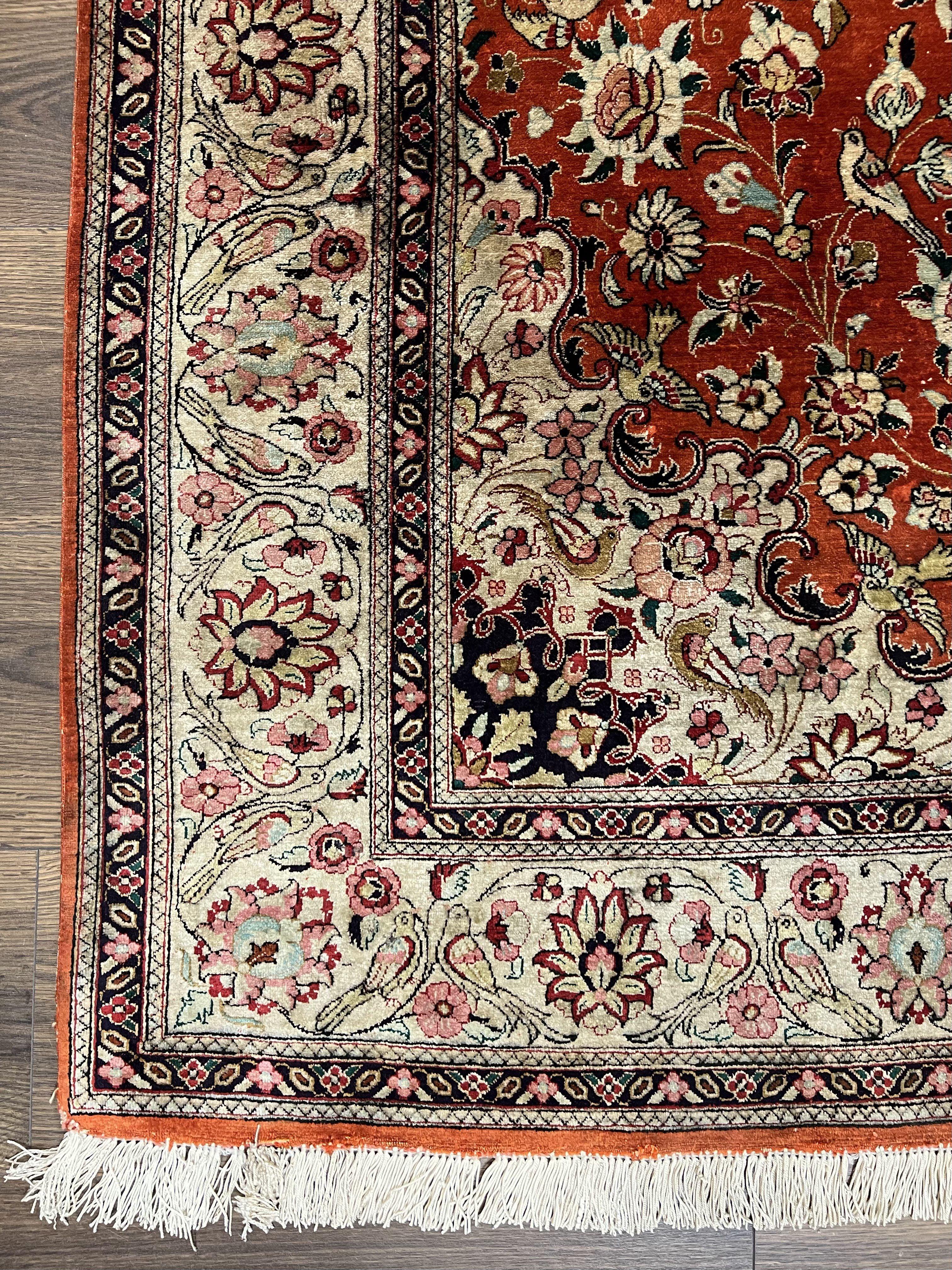 Persian Qum Silk Rug 5x7 - Floral Medallion, Birds, Orange-Red