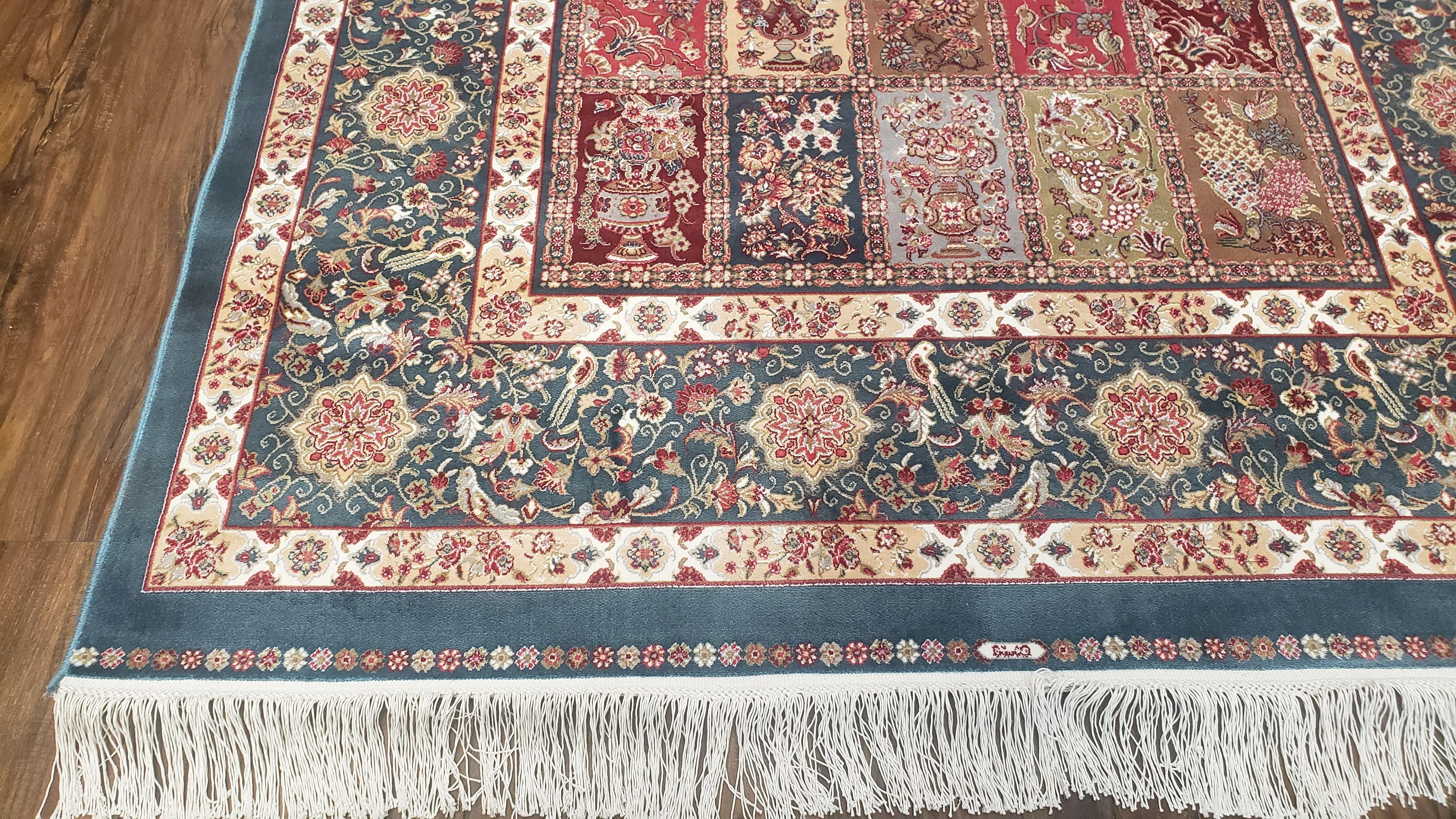 Silk Carpet 4x6 Blue, Panel Design, Four Seasons Pattern, Super Fine & Soft, Bamboo Silk, 4 x 6 Oriental Area Rug, High Quality, New Rug