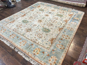 Turkish Oushak Rug 9x10, Farmhouse Rug, Beige & Light Blue