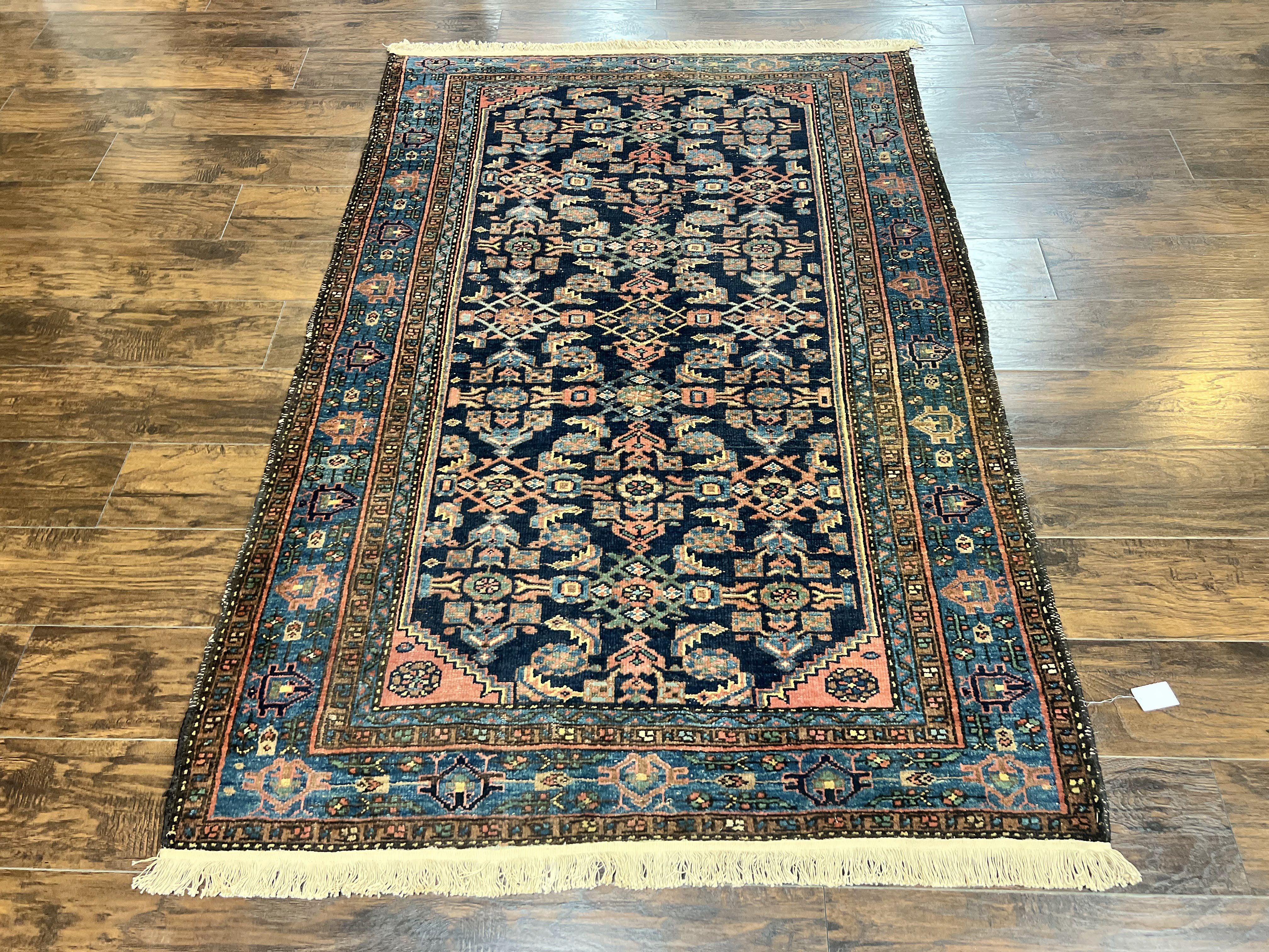 Antique Persian Tribal Rug 5x7, Navy Blue & Pink, Hand Knotted Handmade 1920s Wool Rug, Allover Pattern, Persian Hamadan Rug