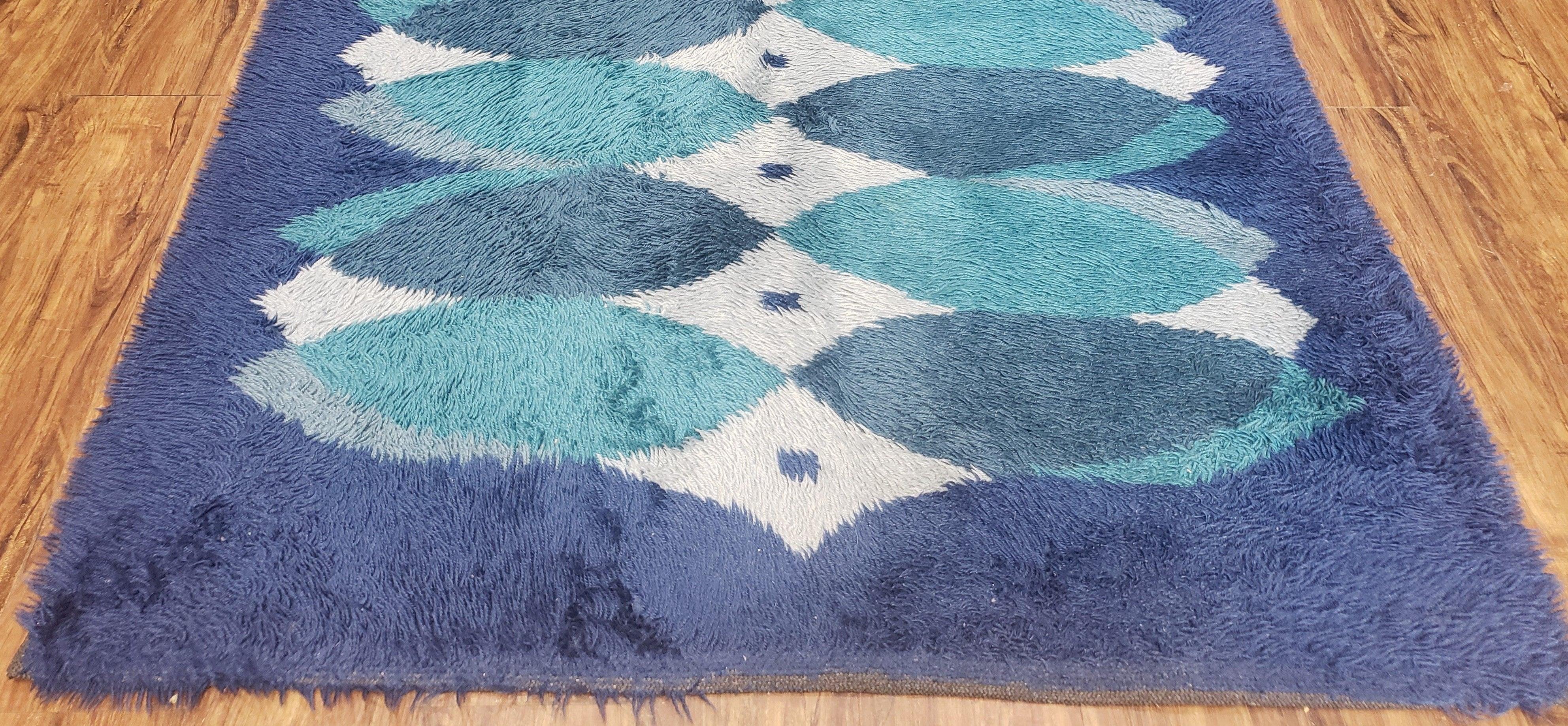 Blue Rya Rug, 1960s Mid-Century Modern Danish Shag Rug 4'6" x 6'7", Ege Rya, Abstract