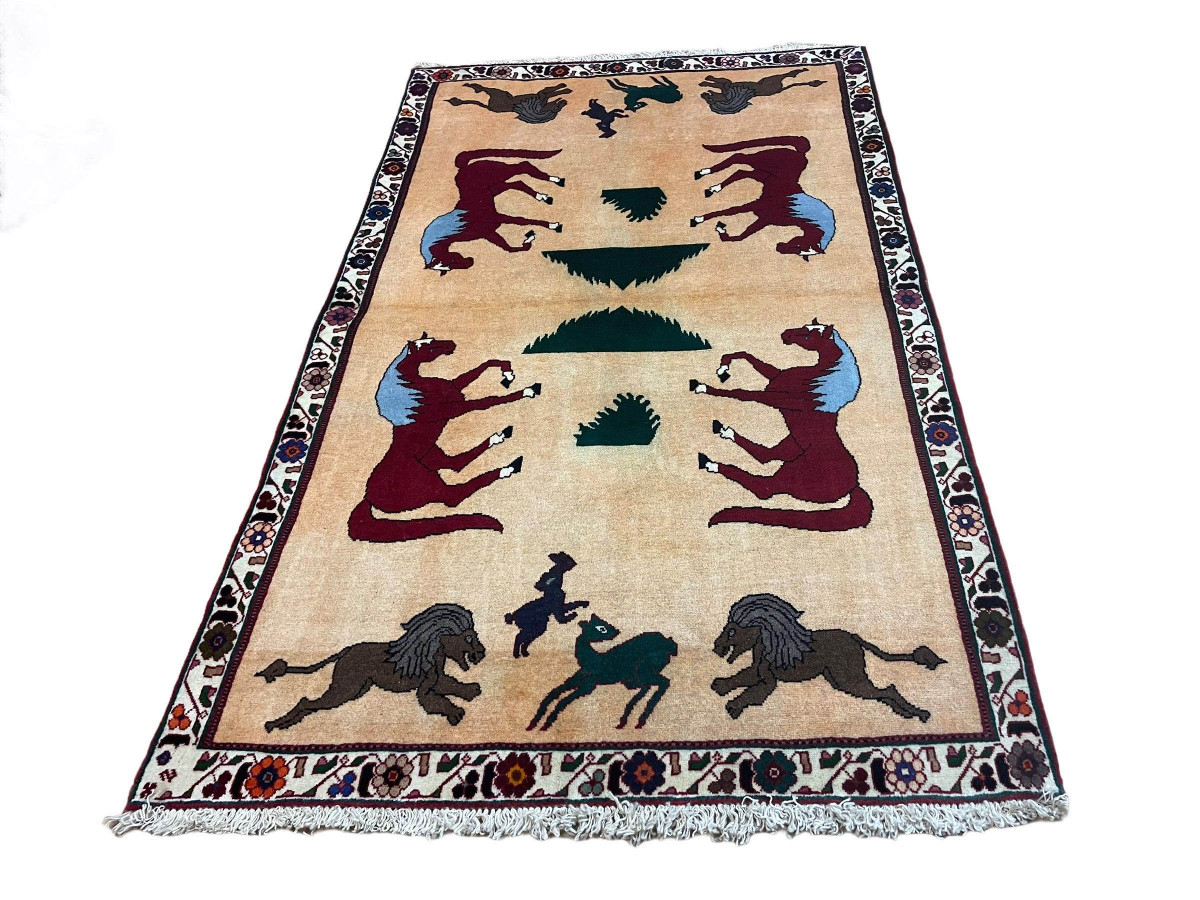 4x6 Rug Handmade Zagros Quality Wool Horses Tribal Hand-Knotted Rug Veggie Dye