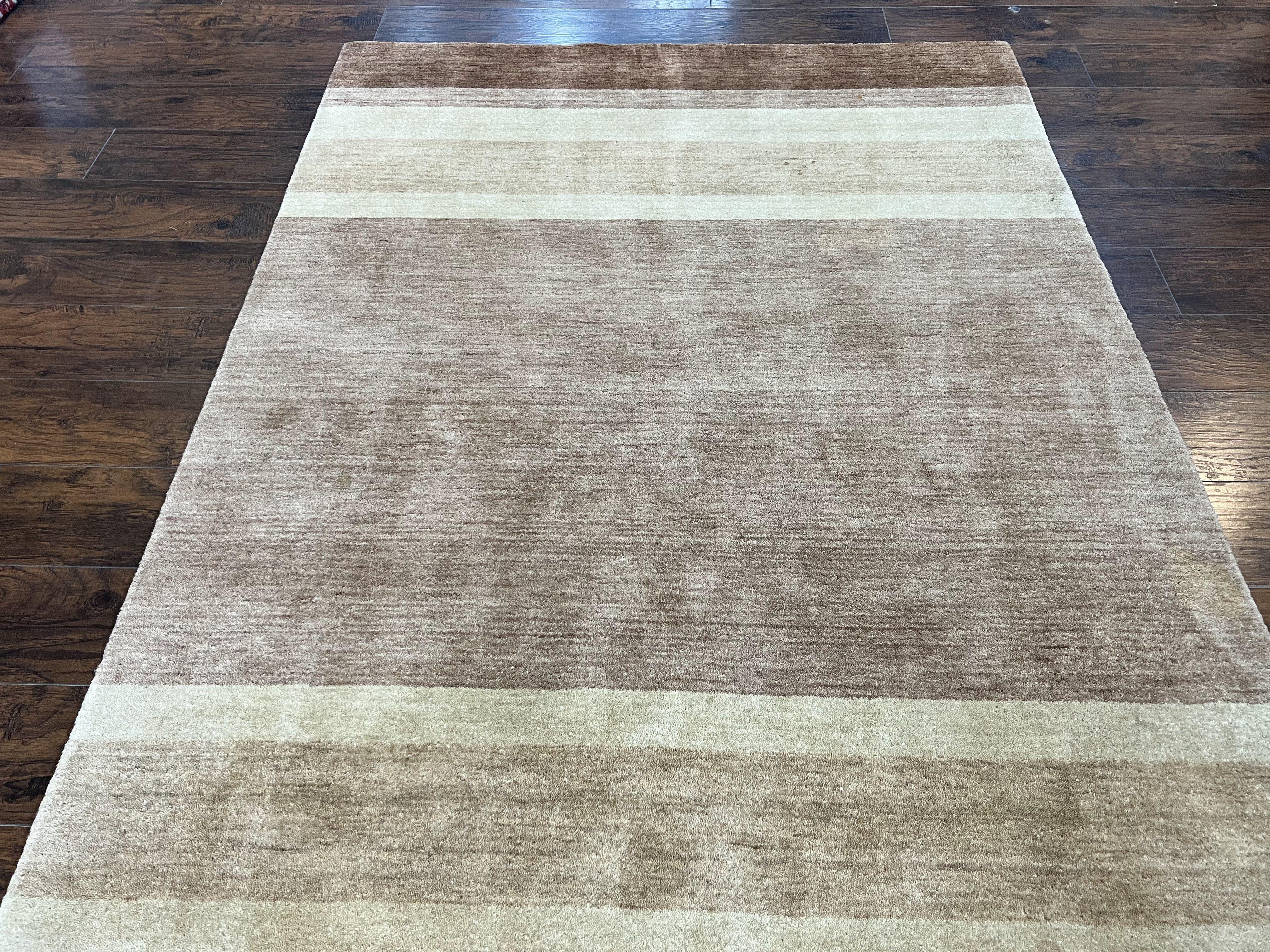 Indo Gabbeh Rug 5x8, Contemporary Wool Stripped Modern Area Rug, Hand Knotted Medium Sized Carpet