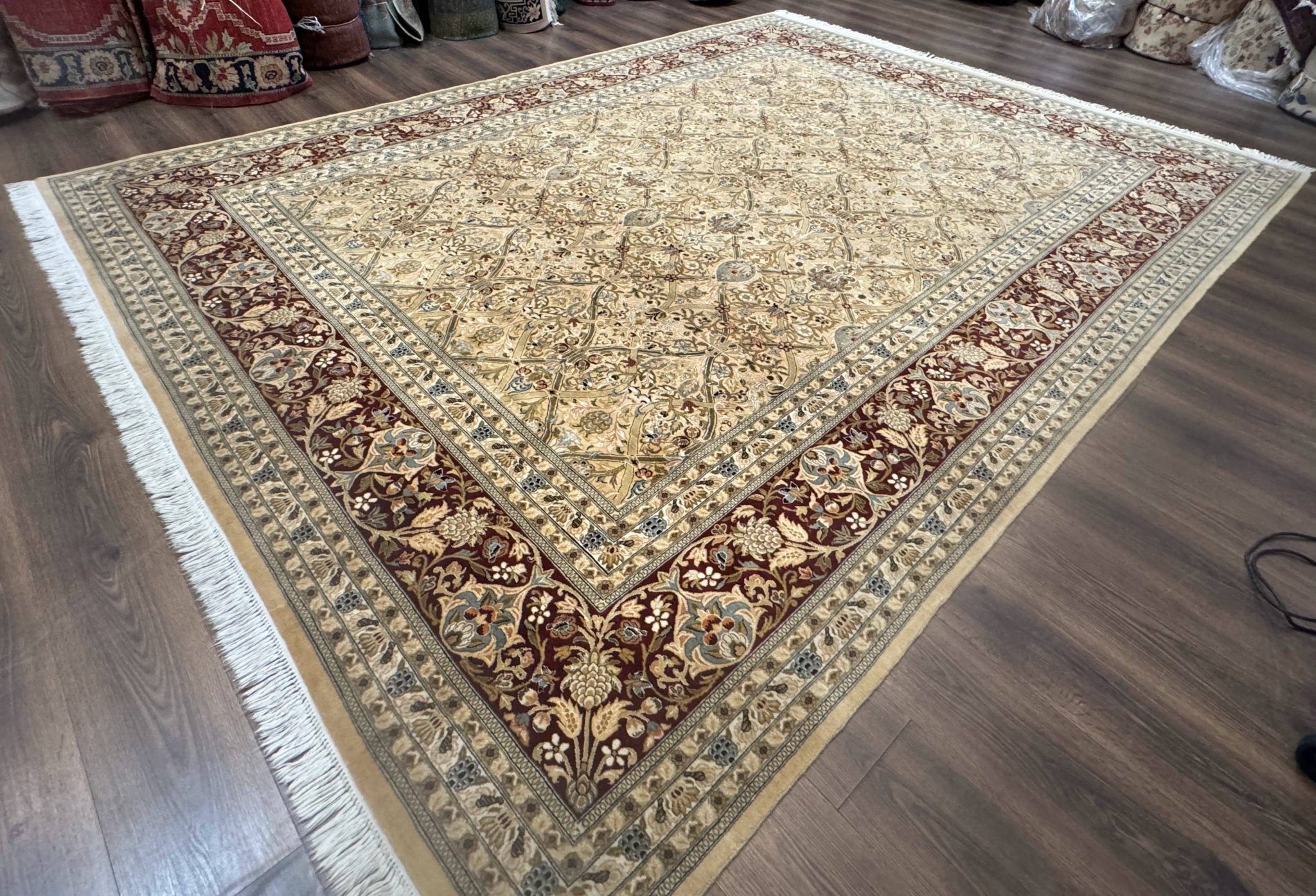 Fine Pak Persian Rug 9x12, Gold and Wine Red, Panel Design, 330 KPSI - Jewel RugsShopify CollectiveHUNTEDFOX - Fine Pak Persian Rug 9x12, Gold and Wine Red, Panel Design, 330 KPSI