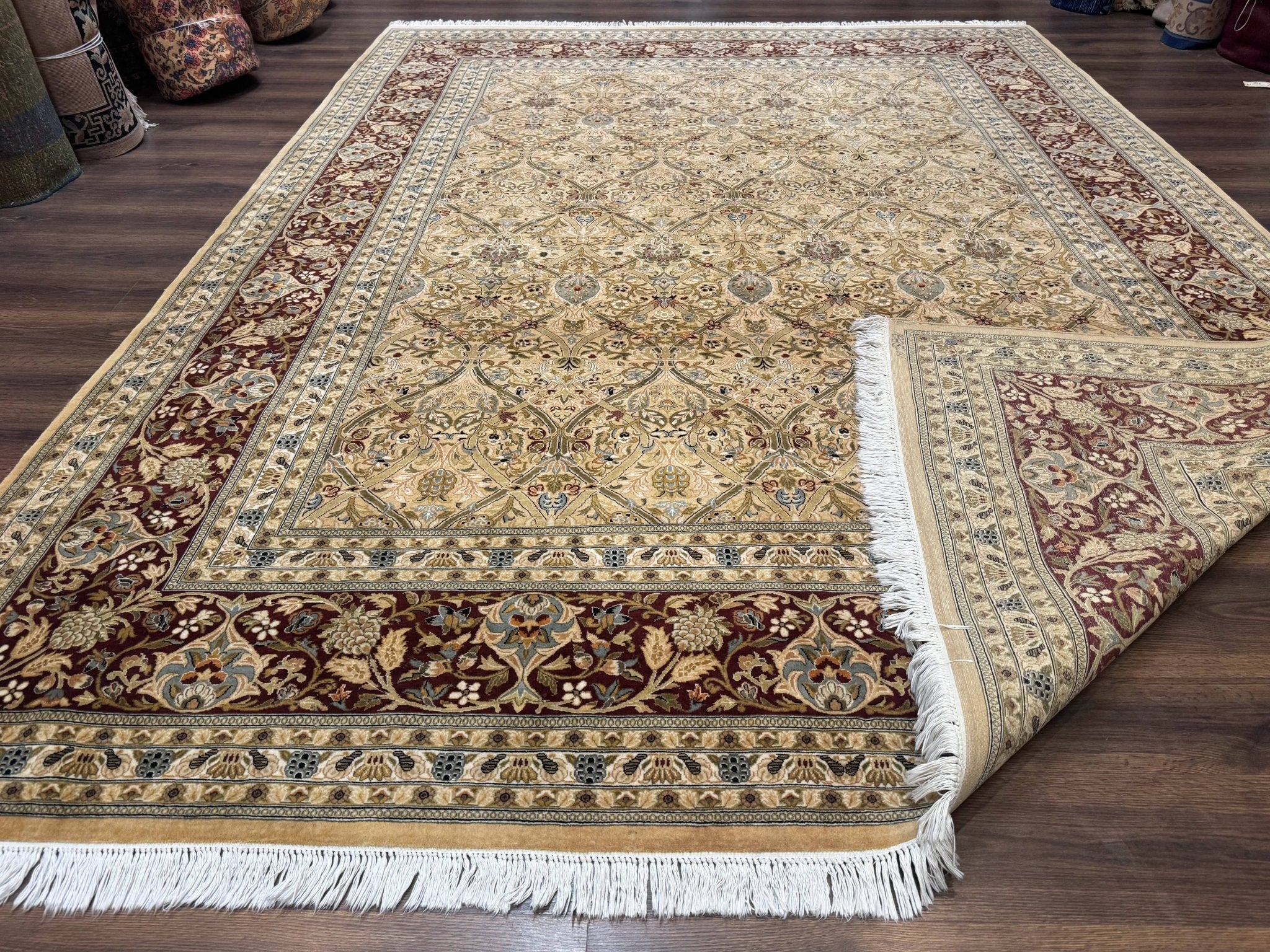 Fine Pak Persian Rug 9x12, Gold and Wine Red, Panel Design, 330 KPSI - Jewel RugsShopify CollectiveHUNTEDFOX - Fine Pak Persian Rug 9x12, Gold and Wine Red, Panel Design, 330 KPSI