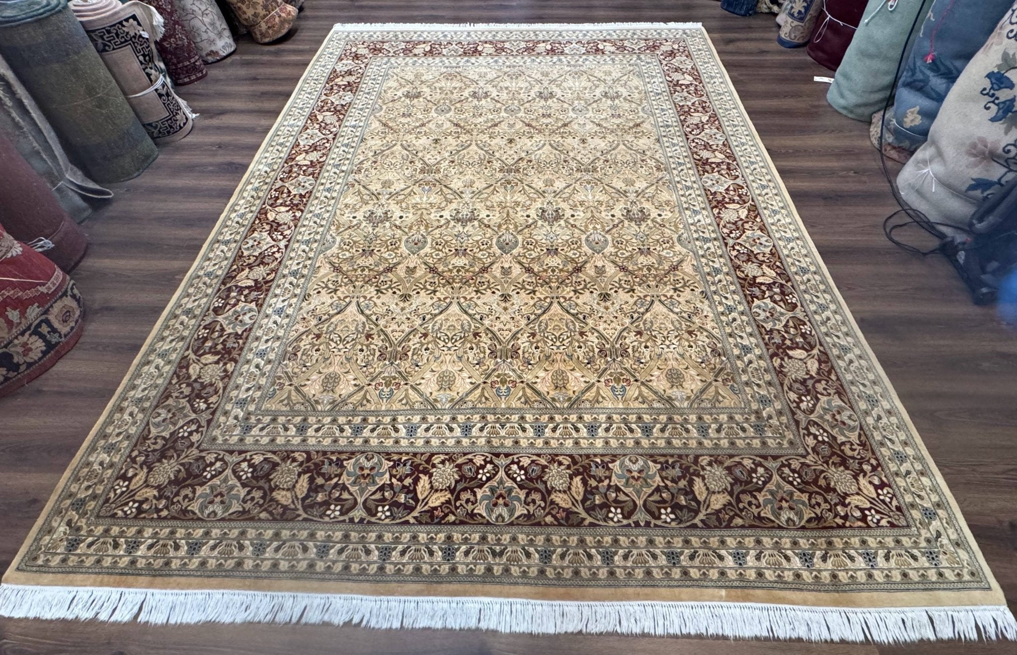 Fine Pak Persian Rug 9x12, Gold and Wine Red, Panel Design, 330 KPSI - Jewel RugsShopify CollectiveHUNTEDFOX - Fine Pak Persian Rug 9x12, Gold and Wine Red, Panel Design, 330 KPSI