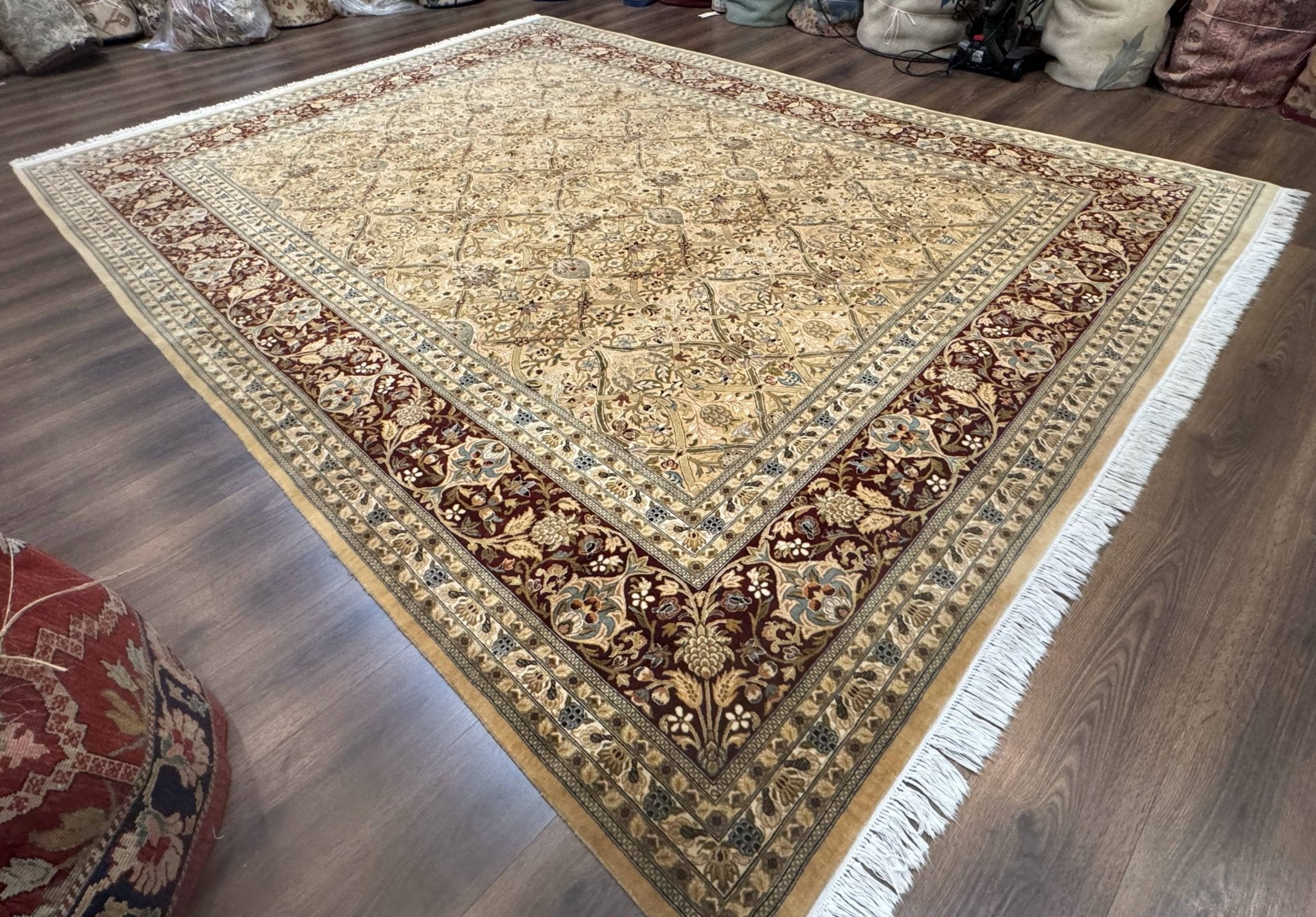 Fine Pak Persian Rug 9x12, Gold and Wine Red, Panel Design, 330 KPSI - Jewel RugsShopify CollectiveHUNTEDFOX - Fine Pak Persian Rug 9x12, Gold and Wine Red, Panel Design, 330 KPSI