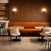 Floating Brown Leather Bench for Restaurant Dining, Entryway or Kitchen - custom banquette seatingH|F Atelierluxury upholstered seatingHUNTEDFOX - Floating Brown Leather Bench for Restaurant Dining, Entryway or Kitchen