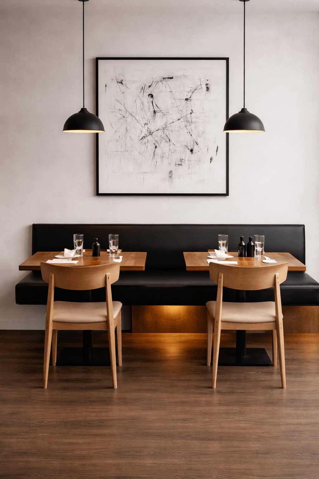 Floating Brown Leather Bench for Restaurant Dining, Entryway or Kitchen - custom banquette seatingH|F Atelierluxury upholstered seatingHUNTEDFOX - Floating Brown Leather Bench for Restaurant Dining, Entryway or Kitchen