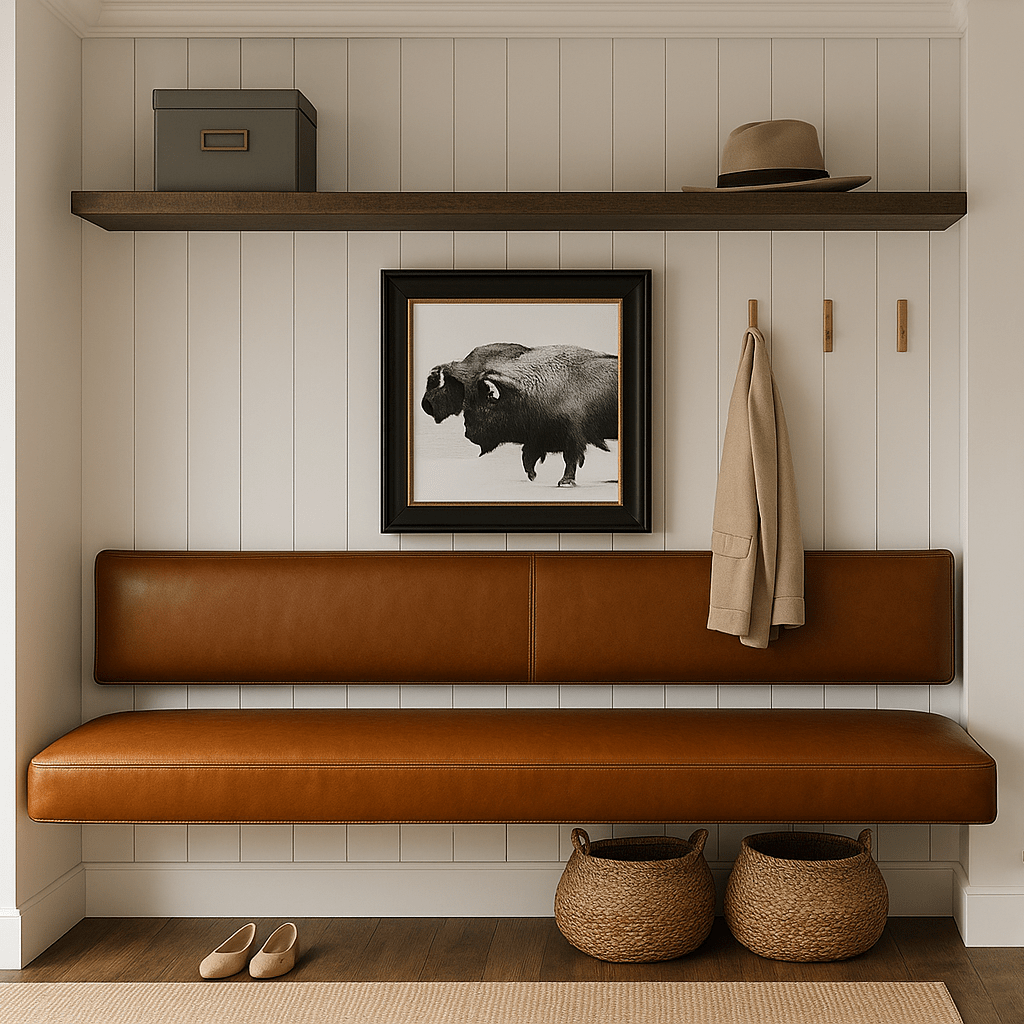Floating Brown Leather Bench for Restaurant Dining, Entryway or Kitchen - custom banquette seatingH|F Atelierluxury upholstered seatingHUNTEDFOX - Floating Brown Leather Bench for Restaurant Dining, Entryway or Kitchen