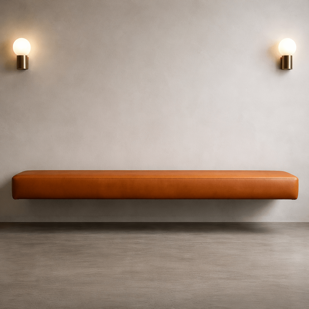 Floating Brown Leather Bench for Restaurant Dining, Entryway or Kitchen - custom banquette seatingH|F Atelierluxury upholstered seatingHUNTEDFOX - Floating Brown Leather Bench for Restaurant Dining, Entryway or Kitchen