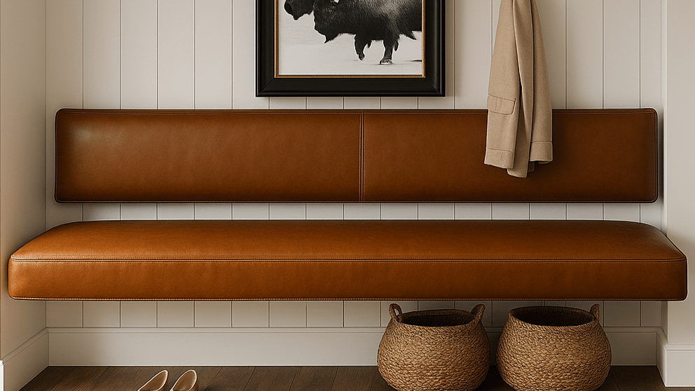 Floating Brown Leather Bench for Restaurant Dining, Entryway or Kitchen - custom banquette seatingH|F Atelierluxury upholstered seatingHUNTEDFOX - Floating Brown Leather Bench for Restaurant Dining, Entryway or Kitchen