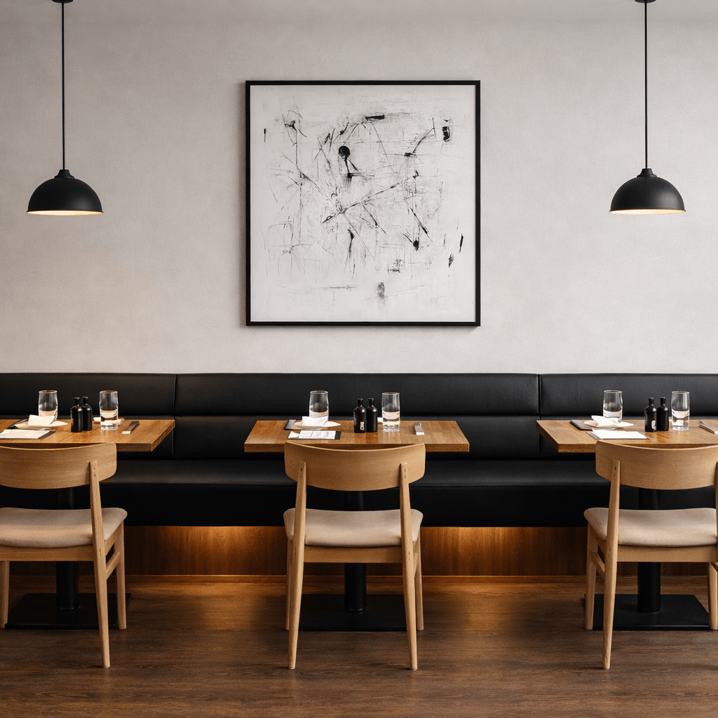 Floating Brown Leather Bench for Restaurant Dining, Entryway or Kitchen - custom banquette seatingH|F Atelierluxury upholstered seatingHUNTEDFOX - Floating Brown Leather Bench for Restaurant Dining, Entryway or Kitchen