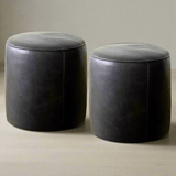 Genuine Leather Round Ottoman or Pouf | Black