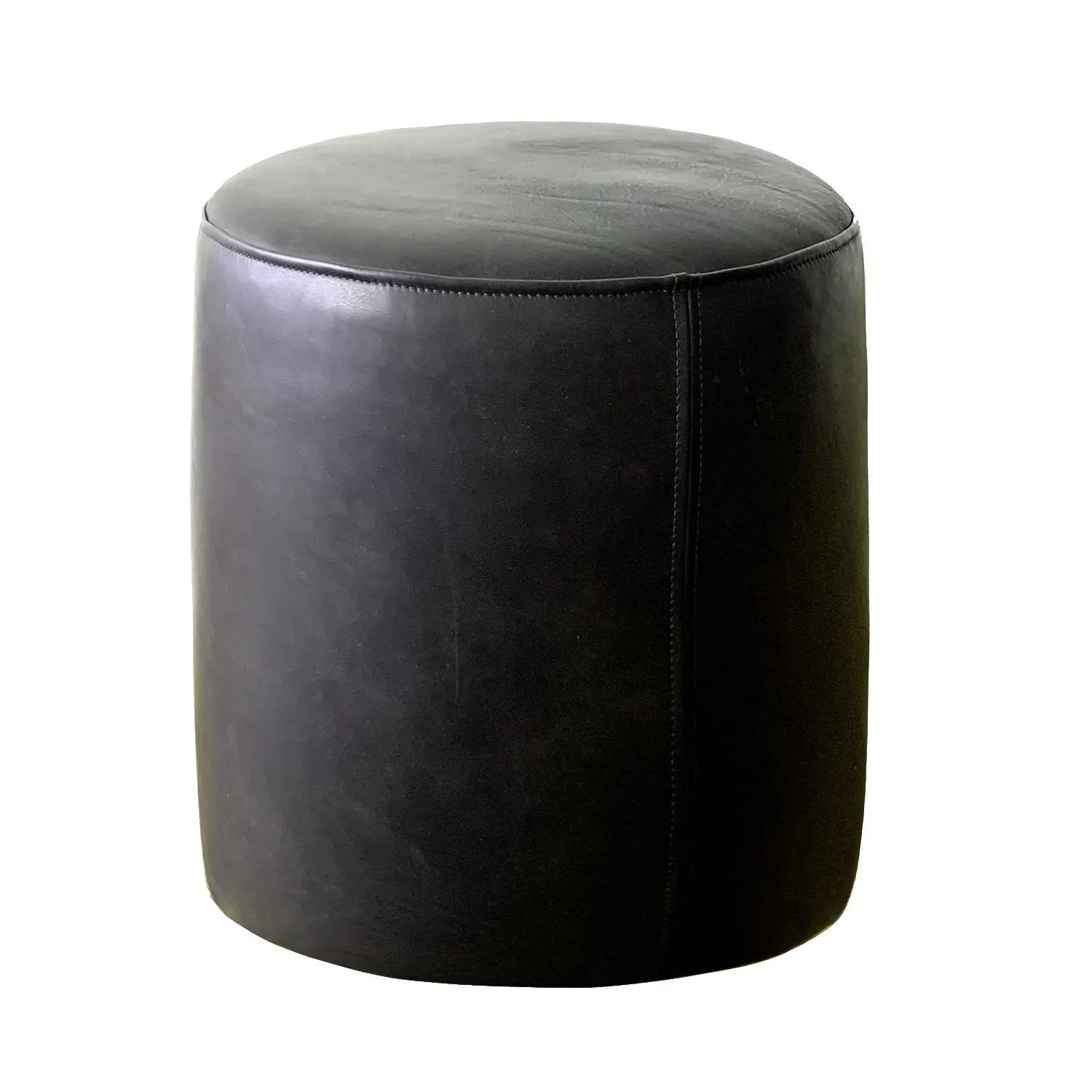 Ottoman | Classic Genuine Leather Round Ottoman or Pouf | Black