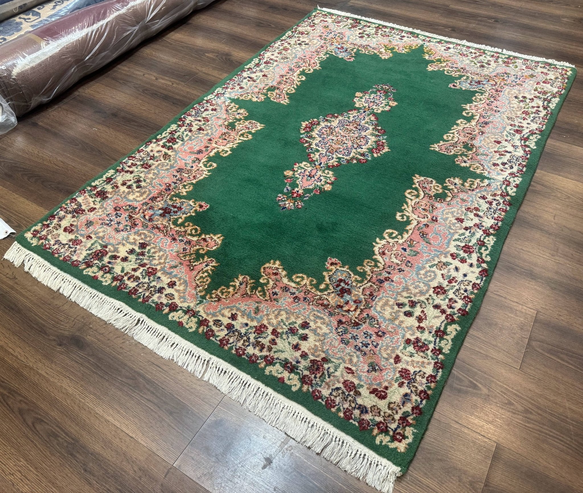 Green Persian Kerman Rug 4x6, Semi Open Field, Green & Cream, Vintage - Jewel RugsShopify CollectiveHUNTEDFOX - Green Persian Kerman Rug 4x6, Semi Open Field, Green & Cream, Vintage