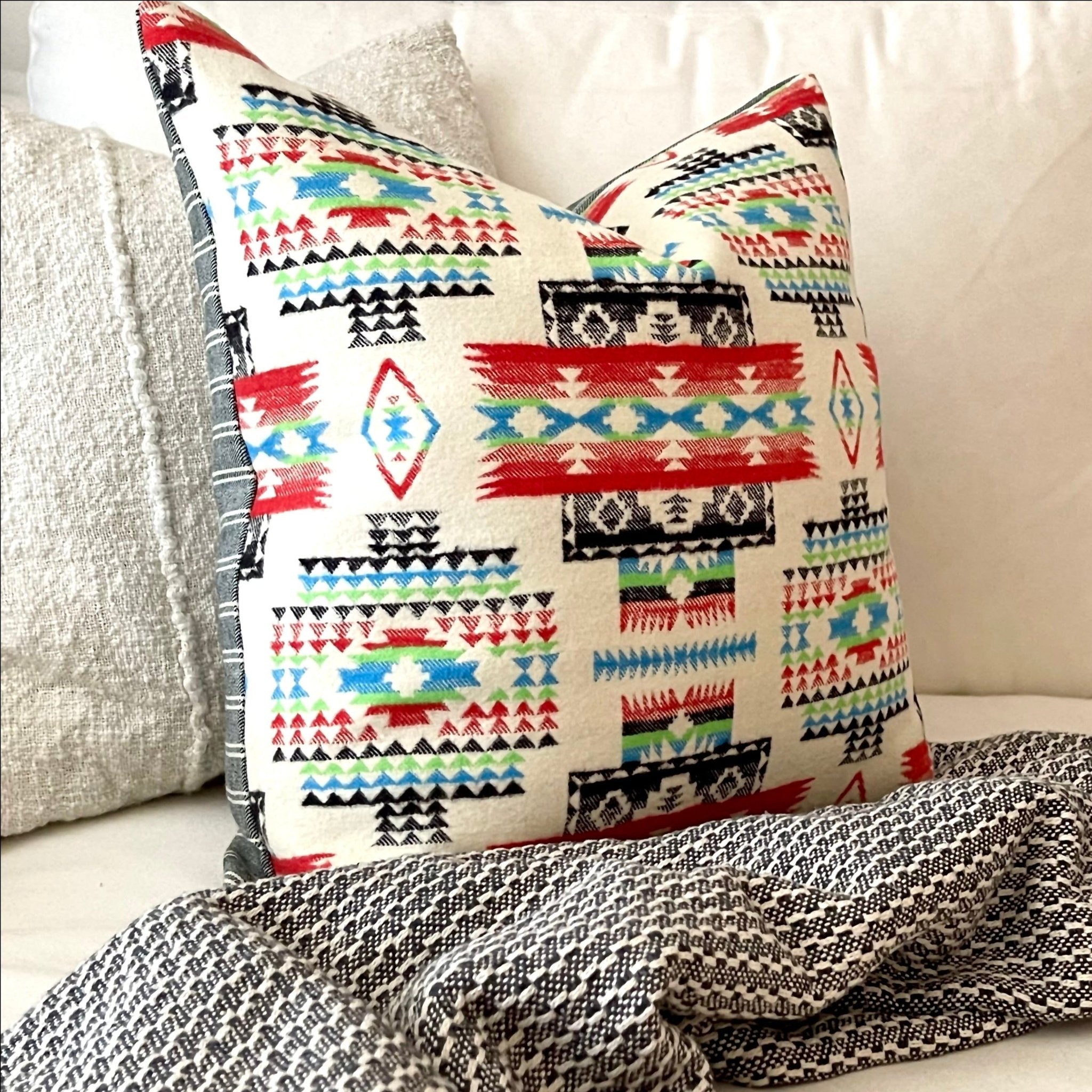 Handcrafted Wool Tribal Throw Pillow – Boho Accent for Living Room - BlueGreenNATIVEHUNTEDFOX - Tribal Throw Pillow 18x18 - HUNTEDFOX