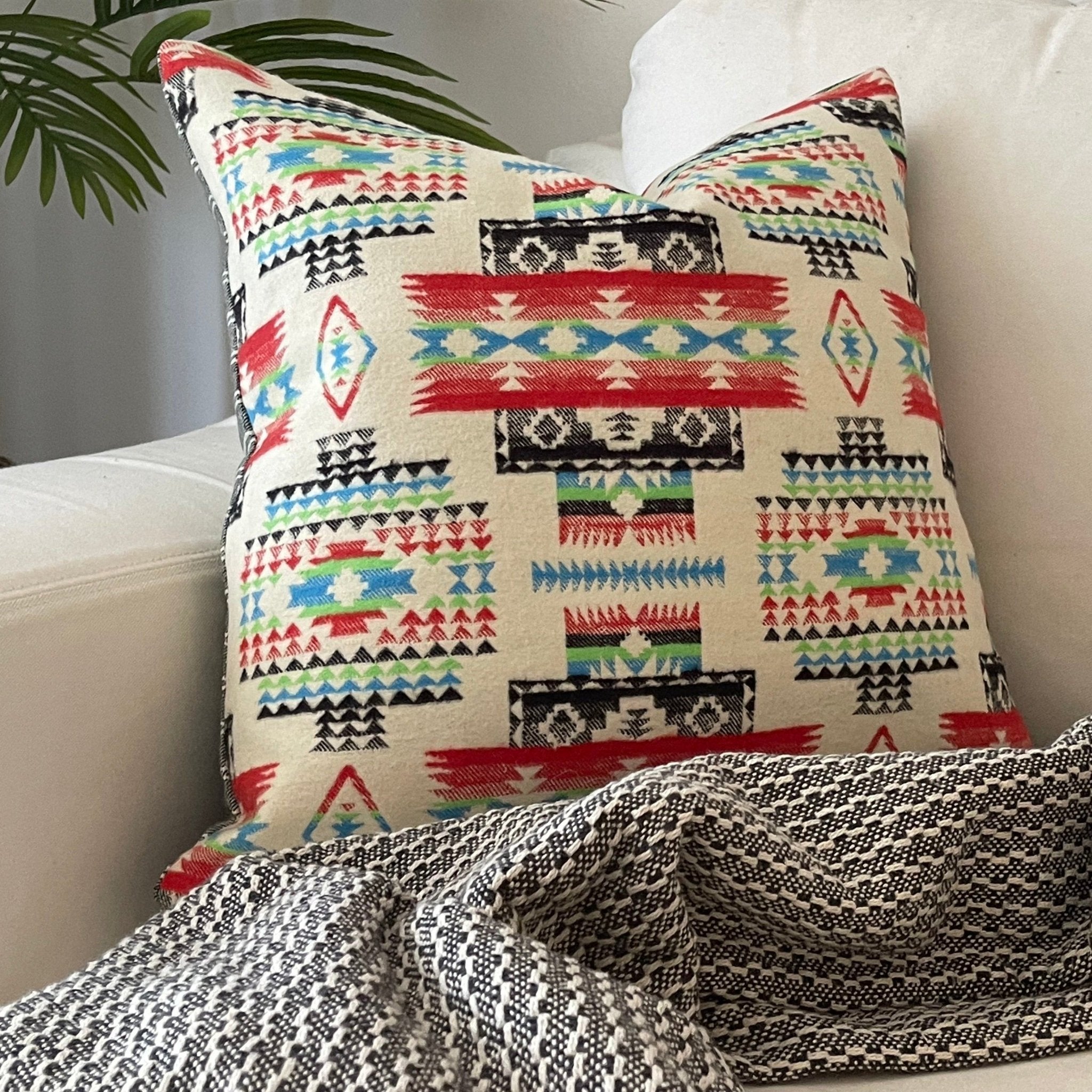 Handcrafted Wool Tribal Throw Pillow – Boho Accent for Living Room - BlueGreenNATIVEHUNTEDFOX - Tribal - inspired decorative pillow 18x18 for modern interiors