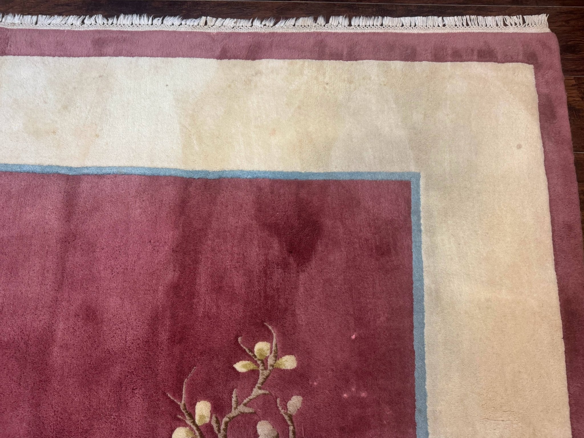 Indo Chinese Art Deco Rug 9x12, Pink and Ivory, Open Filed, Floral, Wool - Jewel RugsShopify CollectiveHUNTEDFOX - Indo Chinese Art Deco Rug 9x12, Pink and Ivory, Open Filed, Floral, Wool