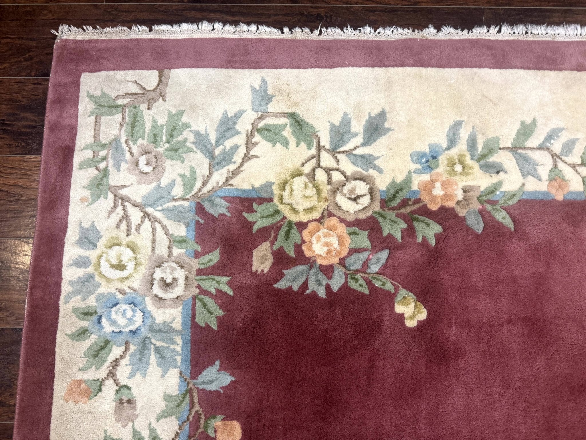 Indo Chinese Art Deco Rug 9x12, Pink and Ivory, Open Filed, Floral, Wool - Jewel RugsShopify CollectiveHUNTEDFOX - Indo Chinese Art Deco Rug 9x12, Pink and Ivory, Open Filed, Floral, Wool