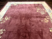 Indo Chinese Art Deco Rug 9x12, Pink and Ivory, Open Filed, Floral, Wool - Jewel RugsShopify CollectiveHUNTEDFOX - Indo Chinese Art Deco Rug 9x12, Pink and Ivory, Open Filed, Floral, Wool