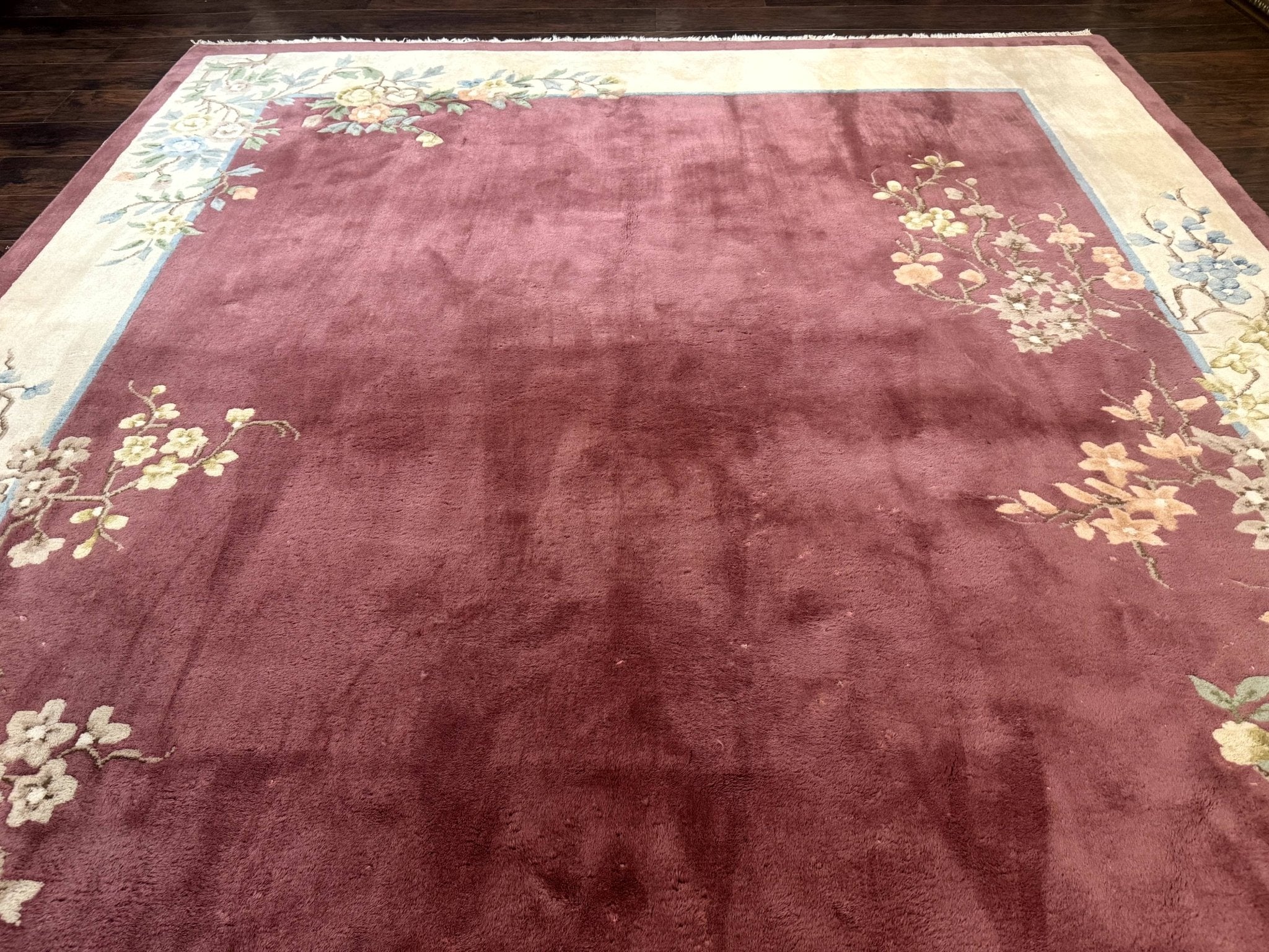 Indo Chinese Art Deco Rug 9x12, Pink and Ivory, Open Filed, Floral, Wool - Jewel RugsShopify CollectiveHUNTEDFOX - Indo Chinese Art Deco Rug 9x12, Pink and Ivory, Open Filed, Floral, Wool