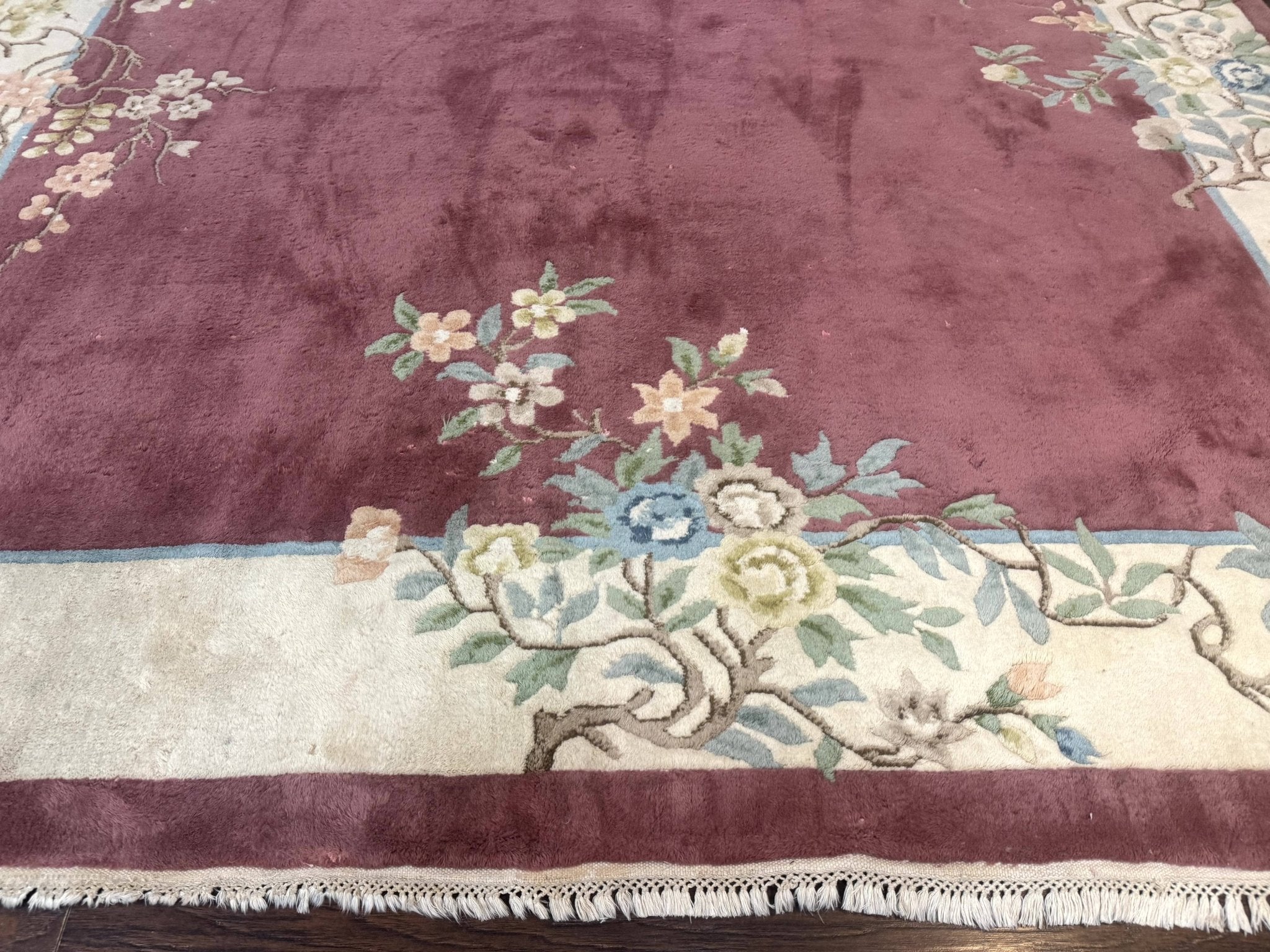 Indo Chinese Art Deco Rug 9x12, Pink and Ivory, Open Filed, Floral, Wool - Jewel RugsShopify CollectiveHUNTEDFOX - Indo Chinese Art Deco Rug 9x12, Pink and Ivory, Open Filed, Floral, Wool