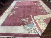 Indo Chinese Art Deco Rug 9x12, Pink and Ivory, Open Filed, Floral, Wool - Jewel RugsShopify CollectiveHUNTEDFOX - Indo Chinese Art Deco Rug 9x12, Pink and Ivory, Open Filed, Floral, Wool