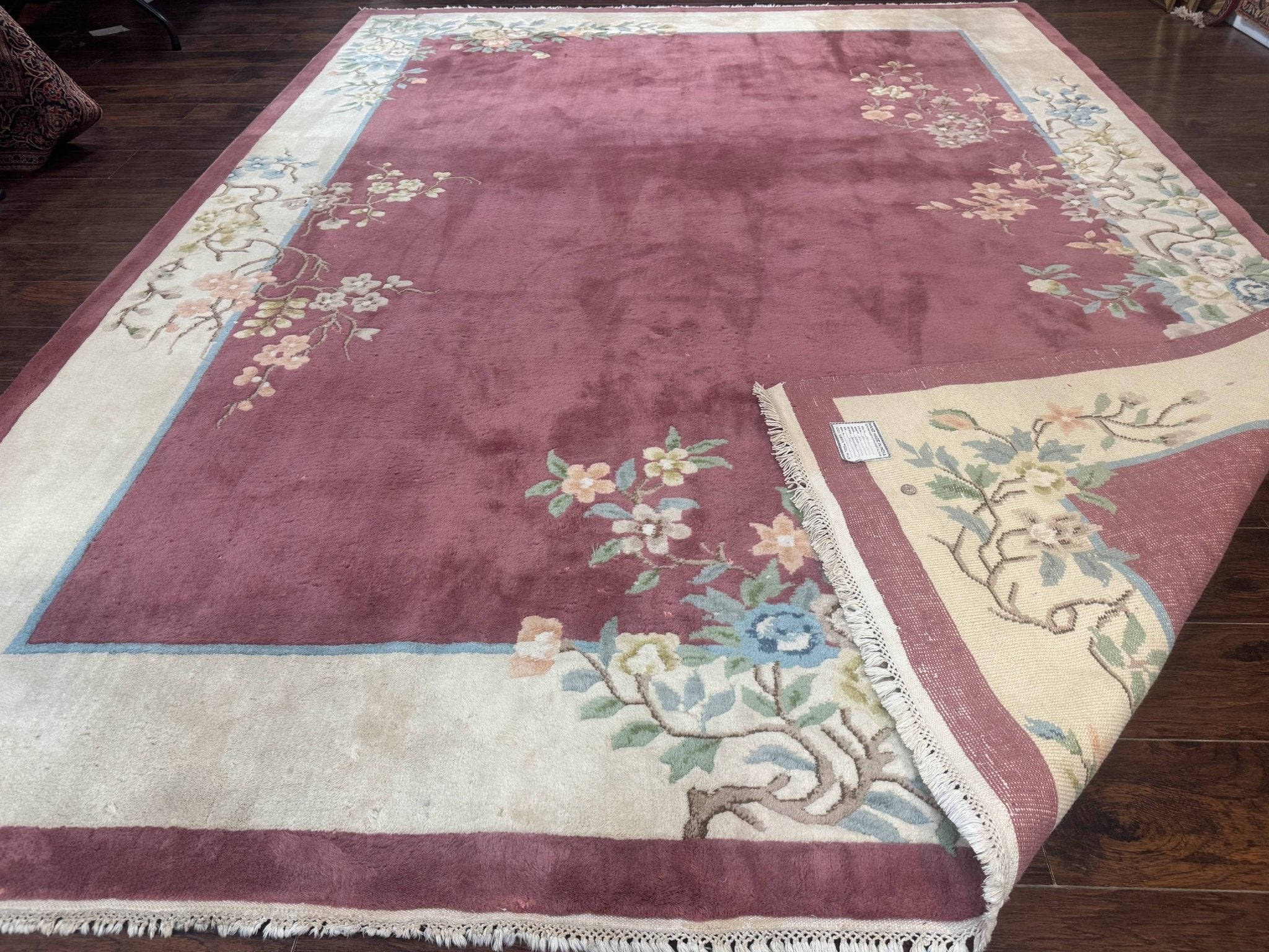 Indo Chinese Art Deco Rug 9x12, Pink and Ivory, Open Filed, Floral, Wool - Jewel RugsShopify CollectiveHUNTEDFOX - Indo Chinese Art Deco Rug 9x12, Pink and Ivory, Open Filed, Floral, Wool