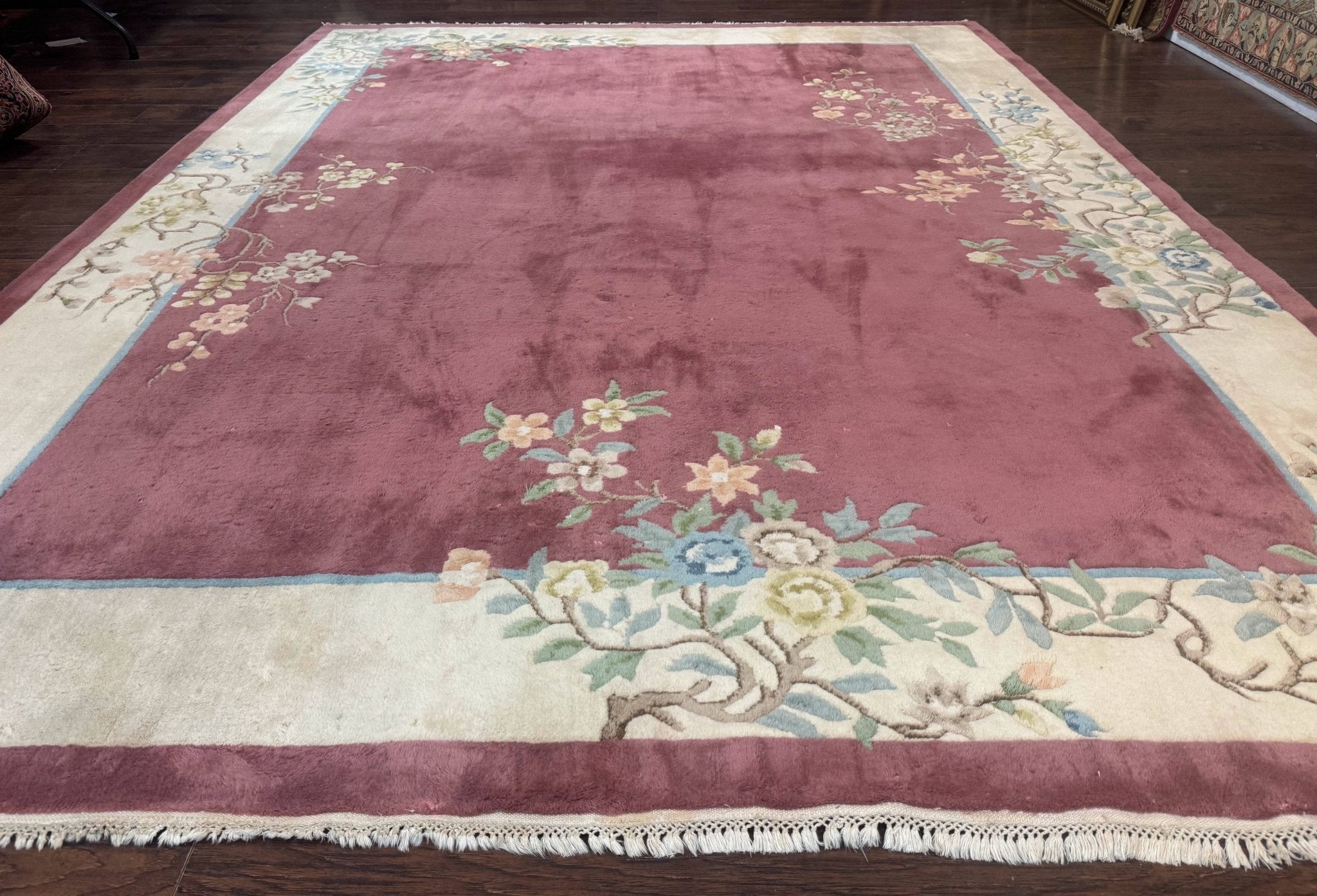 Indo Chinese Art Deco Rug 9x12, Pink and Ivory, Open Filed, Floral, Wool - Jewel RugsShopify CollectiveHUNTEDFOX - Indo Chinese Art Deco Rug 9x12, Pink and Ivory, Open Filed, Floral, Wool