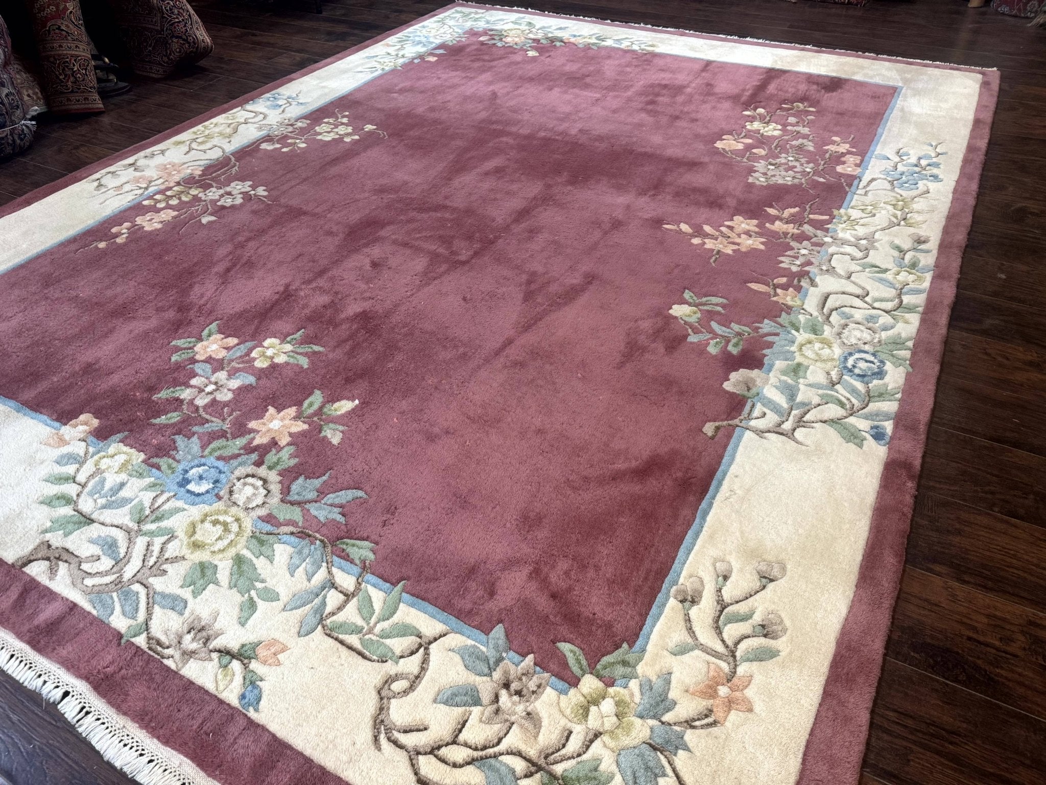 Indo Chinese Art Deco Rug 9x12, Pink and Ivory, Open Filed, Floral, Wool - Jewel RugsShopify CollectiveHUNTEDFOX - Indo Chinese Art Deco Rug 9x12, Pink and Ivory, Open Filed, Floral, Wool