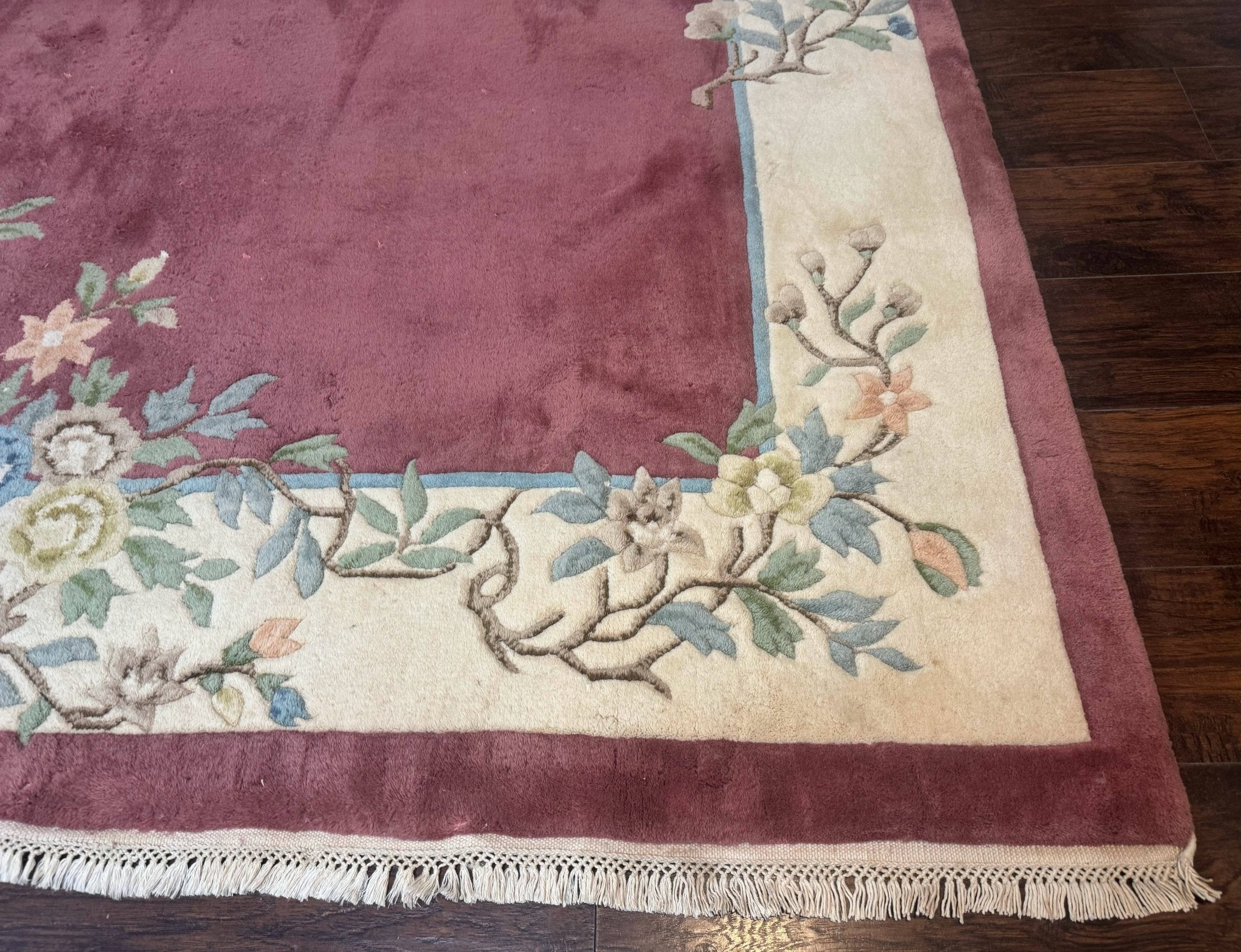 Indo Chinese Art Deco Rug 9x12, Pink and Ivory, Open Filed, Floral, Wool - Jewel RugsShopify CollectiveHUNTEDFOX - Indo Chinese Art Deco Rug 9x12, Pink and Ivory, Open Filed, Floral, Wool