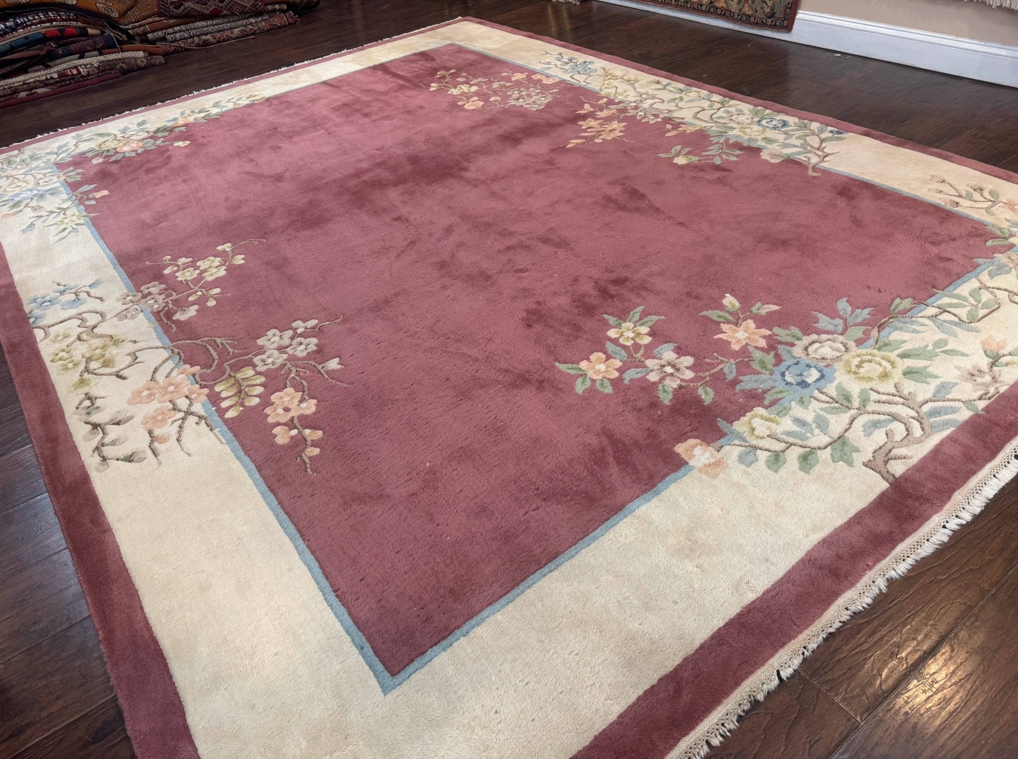 Indo Chinese Art Deco Rug 9x12, Pink and Ivory, Open Filed, Floral, Wool - Jewel RugsShopify CollectiveHUNTEDFOX - Indo Chinese Art Deco Rug 9x12, Pink and Ivory, Open Filed, Floral, Wool
