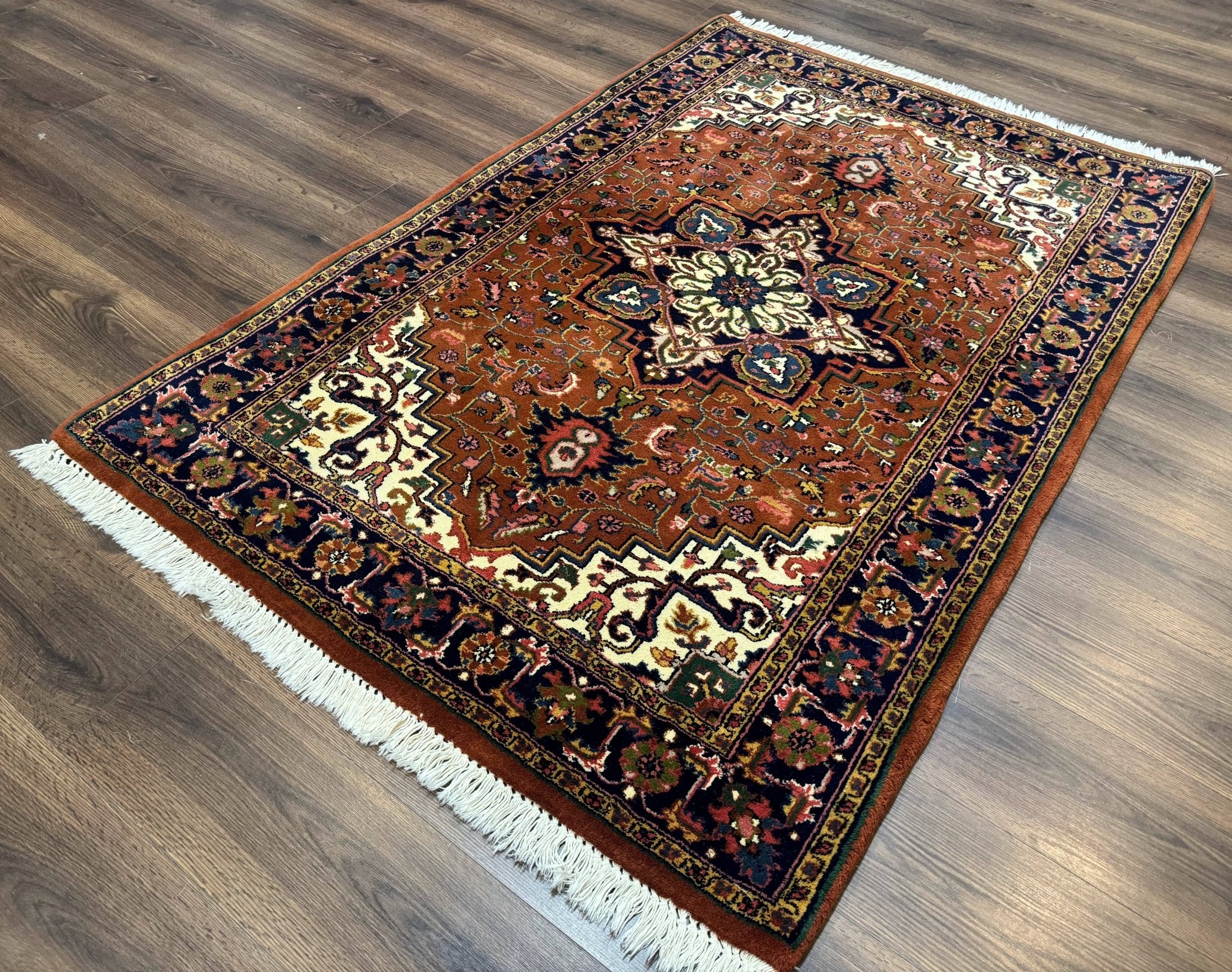 Indo Persian Heriz Rug 4x6, Rust Red Navy Blue and Cream - Jewel RugsShopify CollectiveHUNTEDFOX - Indo Persian Heriz Rug 4x6, Rust Red Navy Blue and Cream