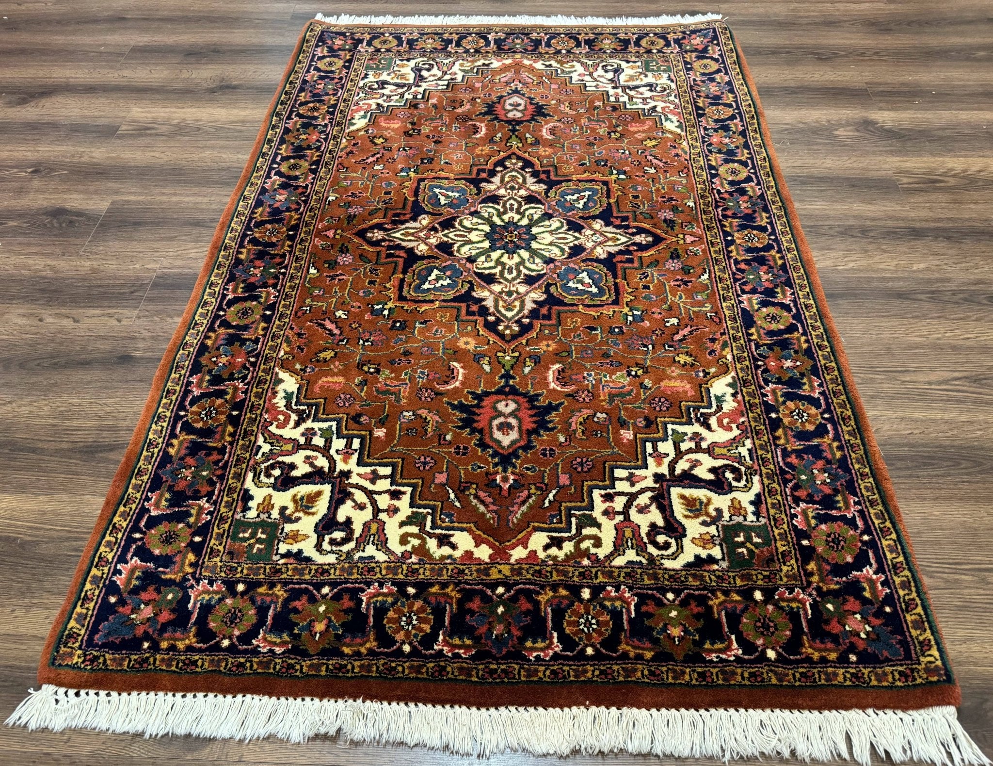 Indo Persian Heriz Rug 4x6, Rust Red Navy Blue and Cream - Jewel RugsShopify CollectiveHUNTEDFOX - Indo Persian Heriz Rug 4x6, Rust Red Navy Blue and Cream