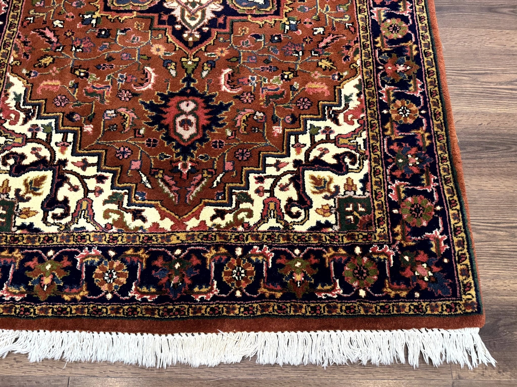 Indo Persian Heriz Rug 4x6, Rust Red Navy Blue and Cream - Jewel RugsShopify CollectiveHUNTEDFOX - Indo Persian Heriz Rug 4x6, Rust Red Navy Blue and Cream