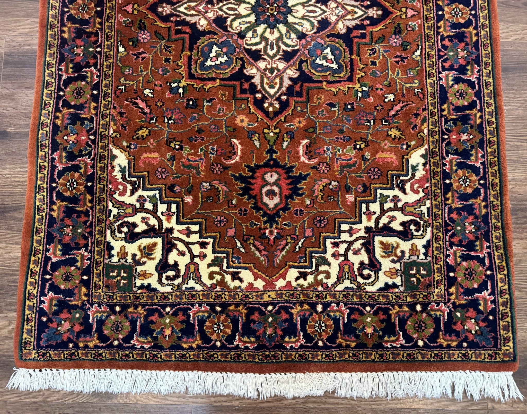 Indo Persian Heriz Rug 4x6, Rust Red Navy Blue and Cream - Jewel RugsShopify CollectiveHUNTEDFOX - Indo Persian Heriz Rug 4x6, Rust Red Navy Blue and Cream