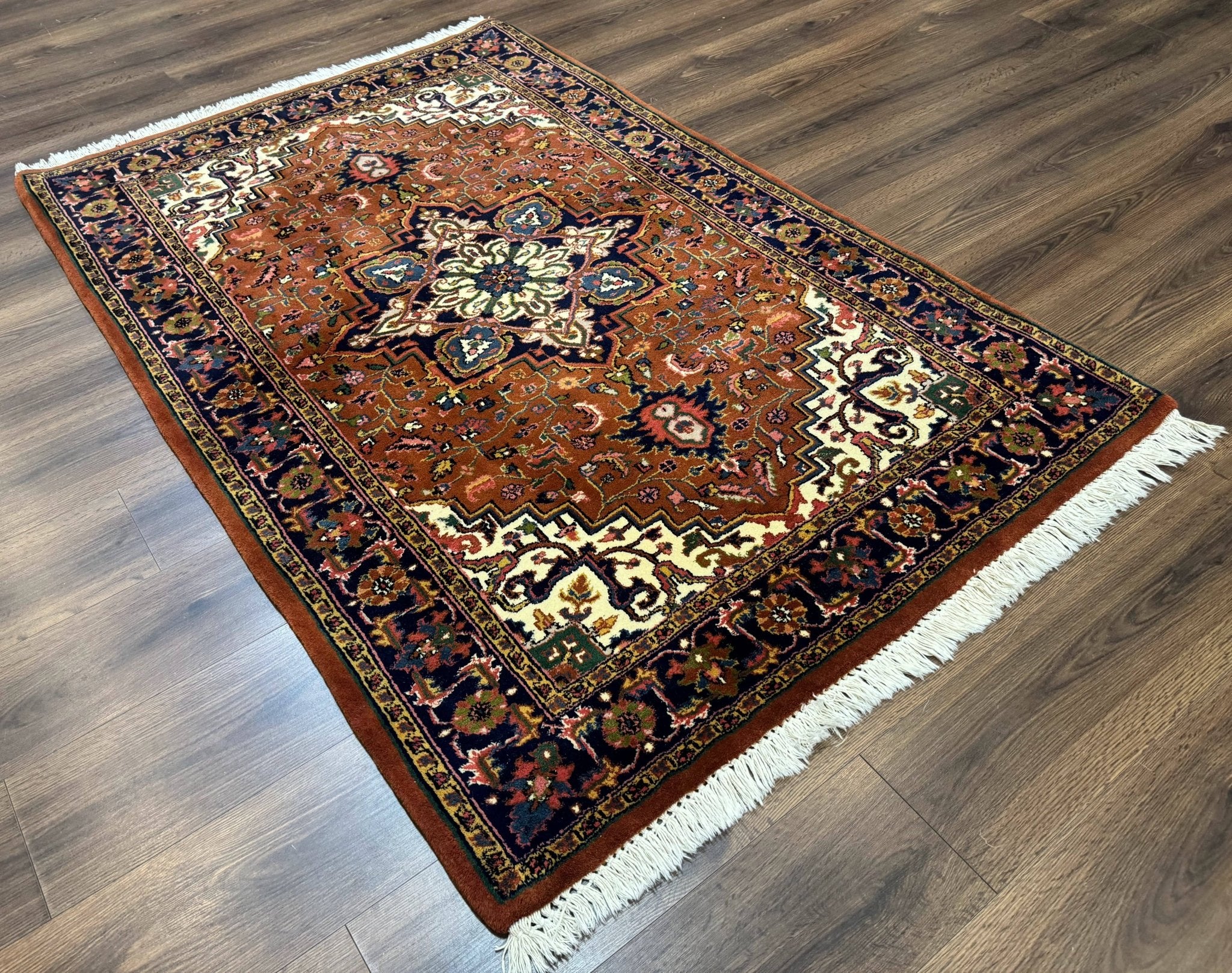 Indo Persian Heriz Rug 4x6, Rust Red Navy Blue and Cream - Jewel RugsShopify CollectiveHUNTEDFOX - Indo Persian Heriz Rug 4x6, Rust Red Navy Blue and Cream