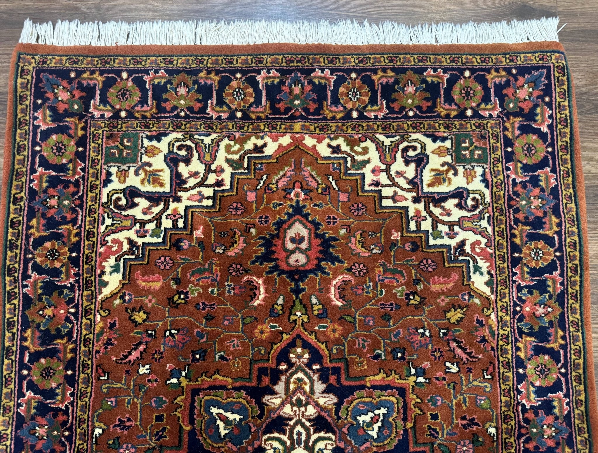 Indo Persian Heriz Rug 4x6, Rust Red Navy Blue and Cream - Jewel RugsShopify CollectiveHUNTEDFOX - Indo Persian Heriz Rug 4x6, Rust Red Navy Blue and Cream