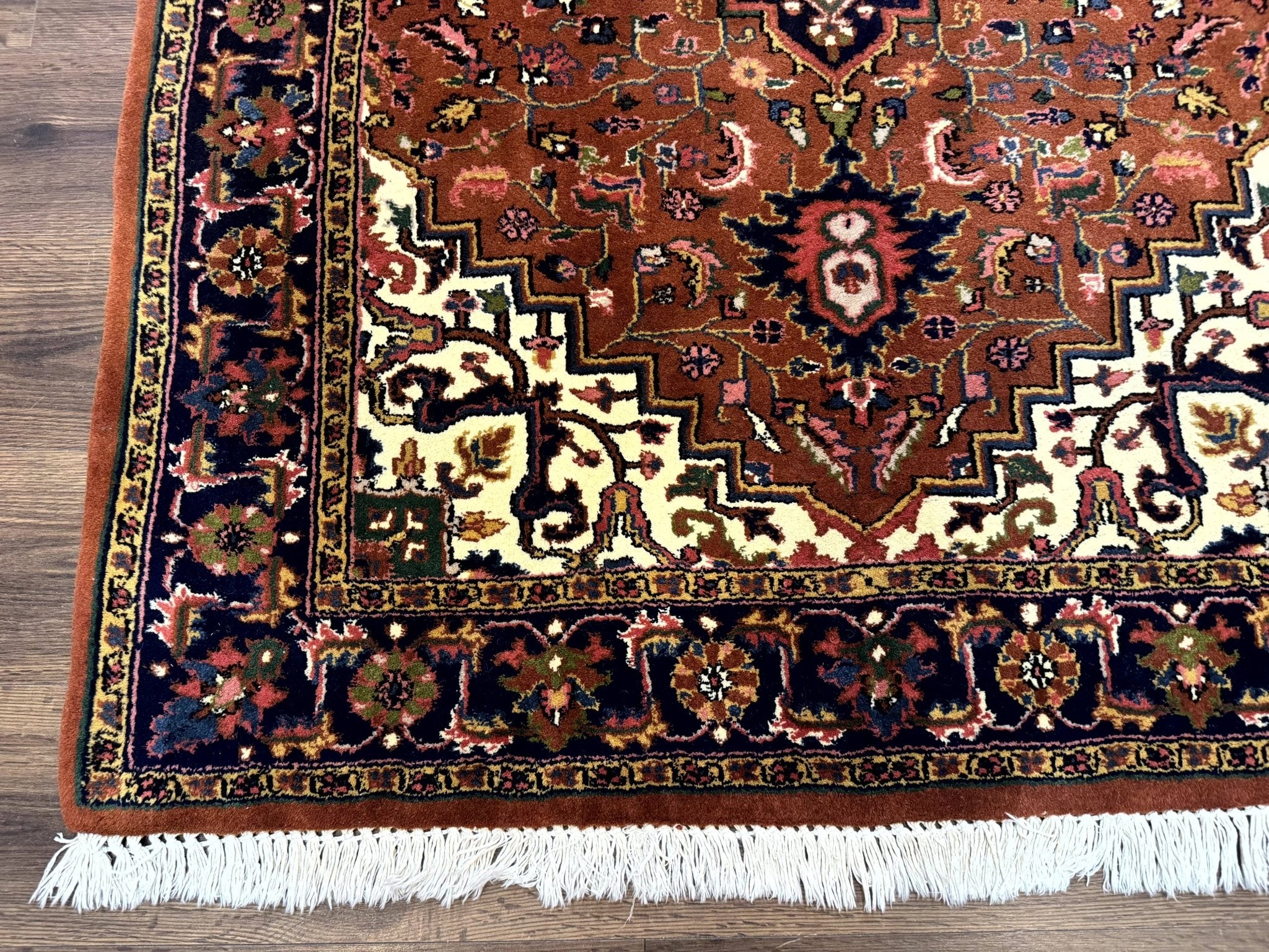 Indo Persian Heriz Rug 4x6, Rust Red Navy Blue and Cream - Jewel RugsShopify CollectiveHUNTEDFOX - Indo Persian Heriz Rug 4x6, Rust Red Navy Blue and Cream