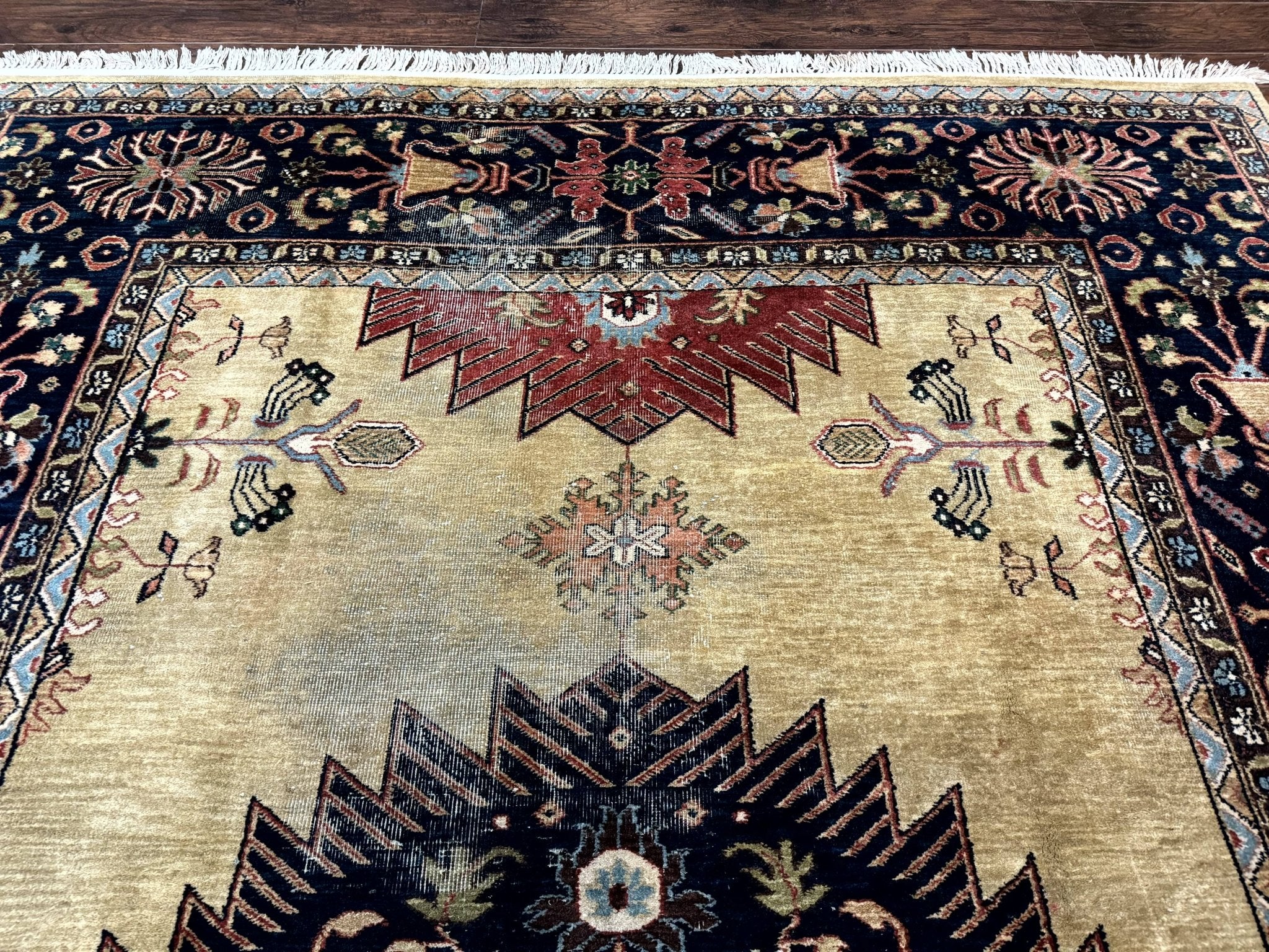 Indo Persian Heriz Rug 8x12, Camel Hair Tan and Navy Blue, Decorative - Jewel RugsShopify CollectiveHUNTEDFOX - Indo Persian Heriz Rug 8x12, Camel Hair Tan and Navy Blue, Decorative