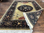 Indo Persian Heriz Rug 8x12, Camel Hair Tan and Navy Blue, Decorative - Jewel RugsShopify CollectiveHUNTEDFOX - Indo Persian Heriz Rug 8x12, Camel Hair Tan and Navy Blue, Decorative