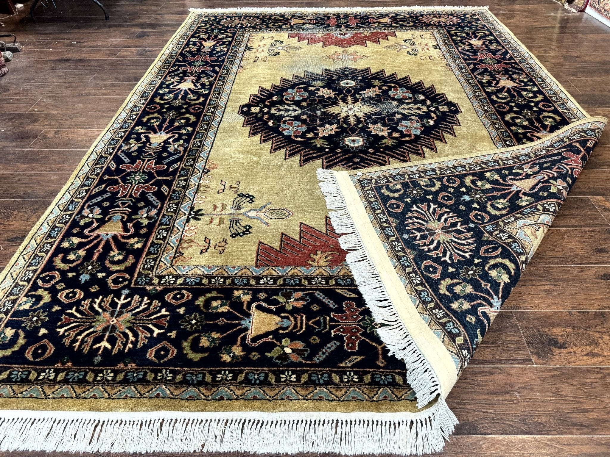 Indo Persian Heriz Rug 8x12, Camel Hair Tan and Navy Blue, Decorative - Jewel RugsShopify CollectiveHUNTEDFOX - Indo Persian Heriz Rug 8x12, Camel Hair Tan and Navy Blue, Decorative