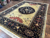 Indo Persian Heriz Rug 8x12, Camel Hair Tan and Navy Blue, Decorative - Jewel RugsShopify CollectiveHUNTEDFOX - Indo Persian Heriz Rug 8x12, Camel Hair Tan and Navy Blue, Decorative