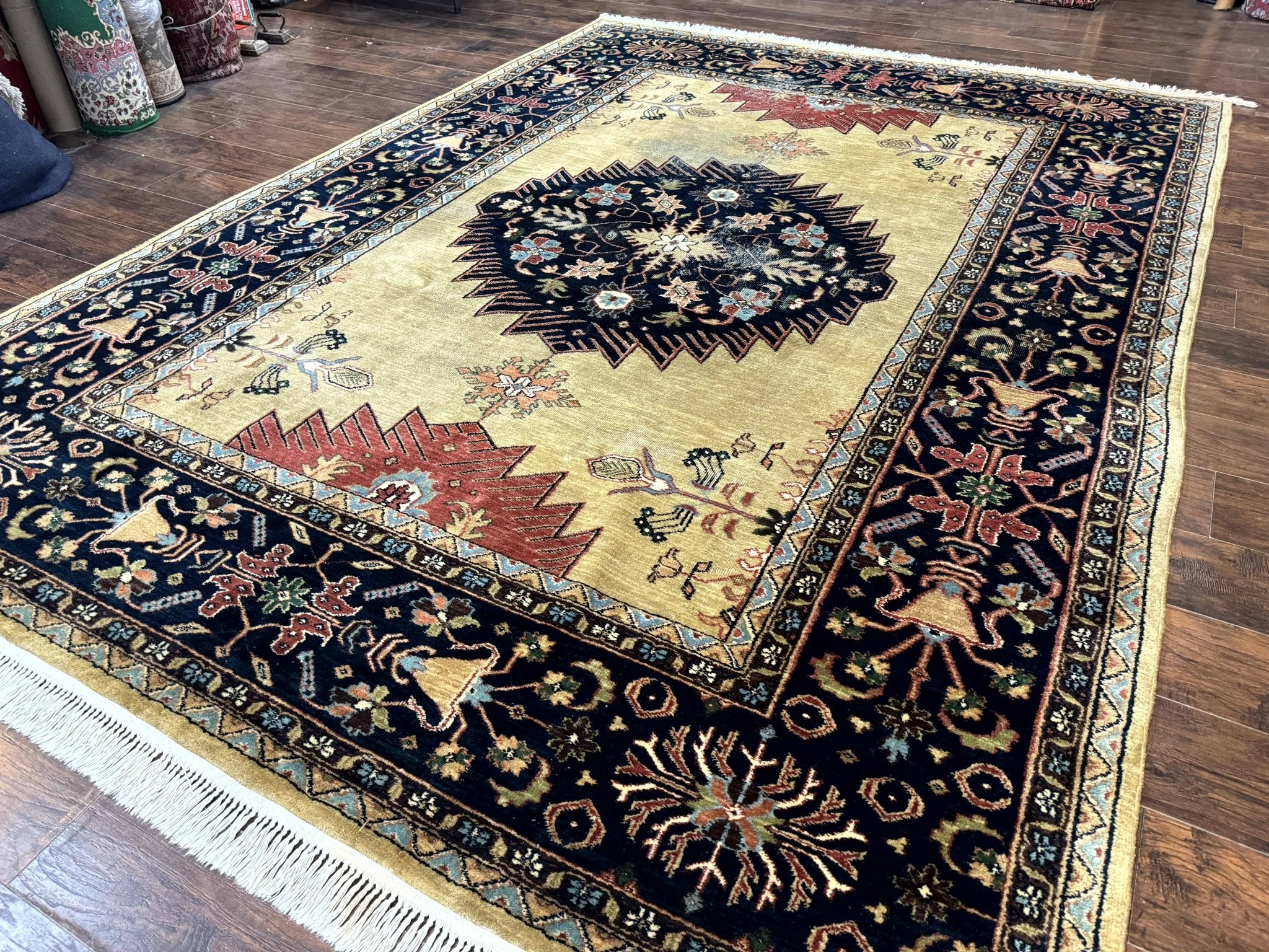 Indo Persian Heriz Rug 8x12, Camel Hair Tan and Navy Blue, Decorative - Jewel RugsShopify CollectiveHUNTEDFOX - Indo Persian Heriz Rug 8x12, Camel Hair Tan and Navy Blue, Decorative