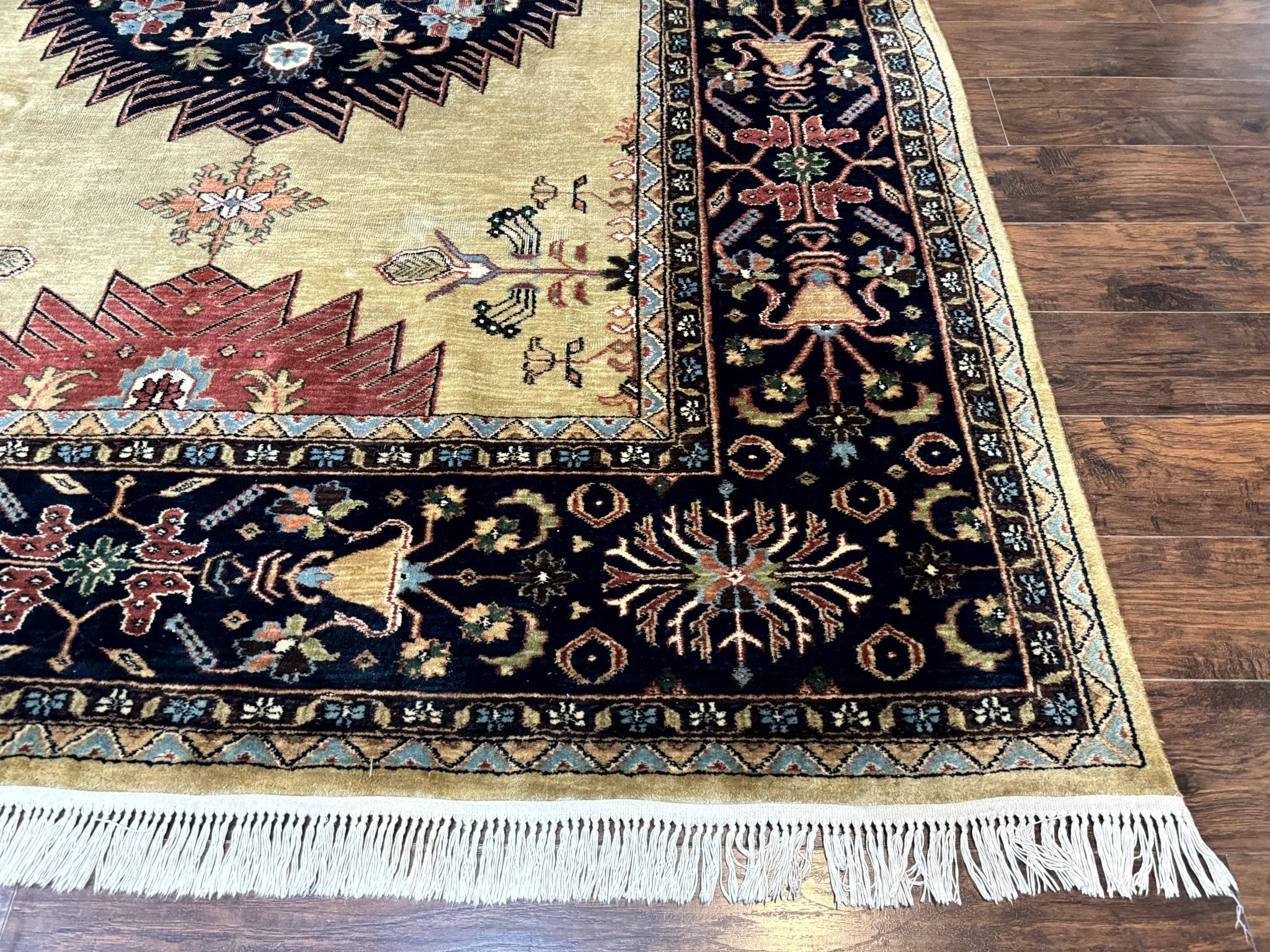 Indo Persian Heriz Rug 8x12, Camel Hair Tan and Navy Blue, Decorative - Jewel RugsShopify CollectiveHUNTEDFOX - Indo Persian Heriz Rug 8x12, Camel Hair Tan and Navy Blue, Decorative