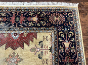 Indo Persian Heriz Rug 8x12, Camel Hair Tan and Navy Blue, Decorative - Jewel RugsShopify CollectiveHUNTEDFOX - Indo Persian Heriz Rug 8x12, Camel Hair Tan and Navy Blue, Decorative