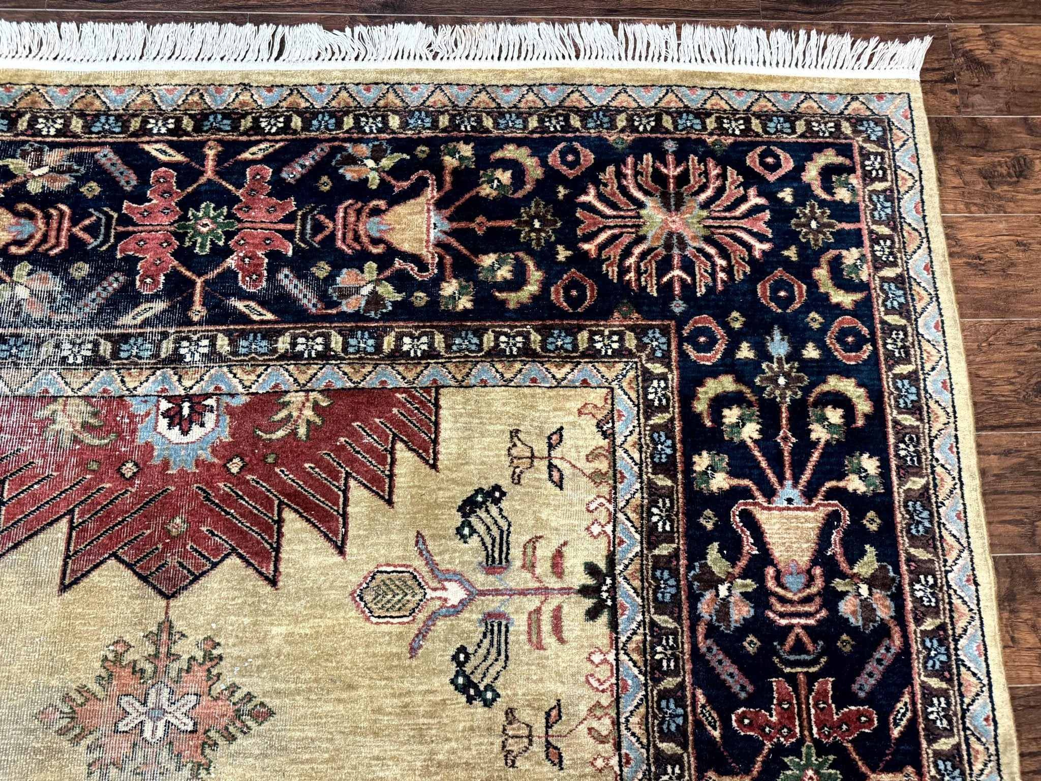 Indo Persian Heriz Rug 8x12, Camel Hair Tan and Navy Blue, Decorative - Jewel RugsShopify CollectiveHUNTEDFOX - Indo Persian Heriz Rug 8x12, Camel Hair Tan and Navy Blue, Decorative