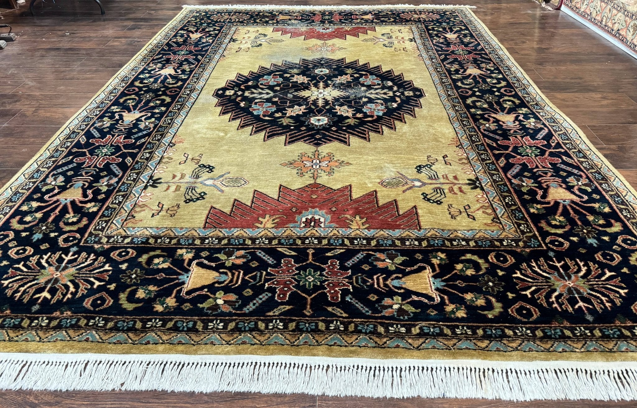 Indo Persian Heriz Rug 8x12, Camel Hair Tan and Navy Blue, Decorative - Jewel RugsShopify CollectiveHUNTEDFOX - Indo Persian Heriz Rug 8x12, Camel Hair Tan and Navy Blue, Decorative